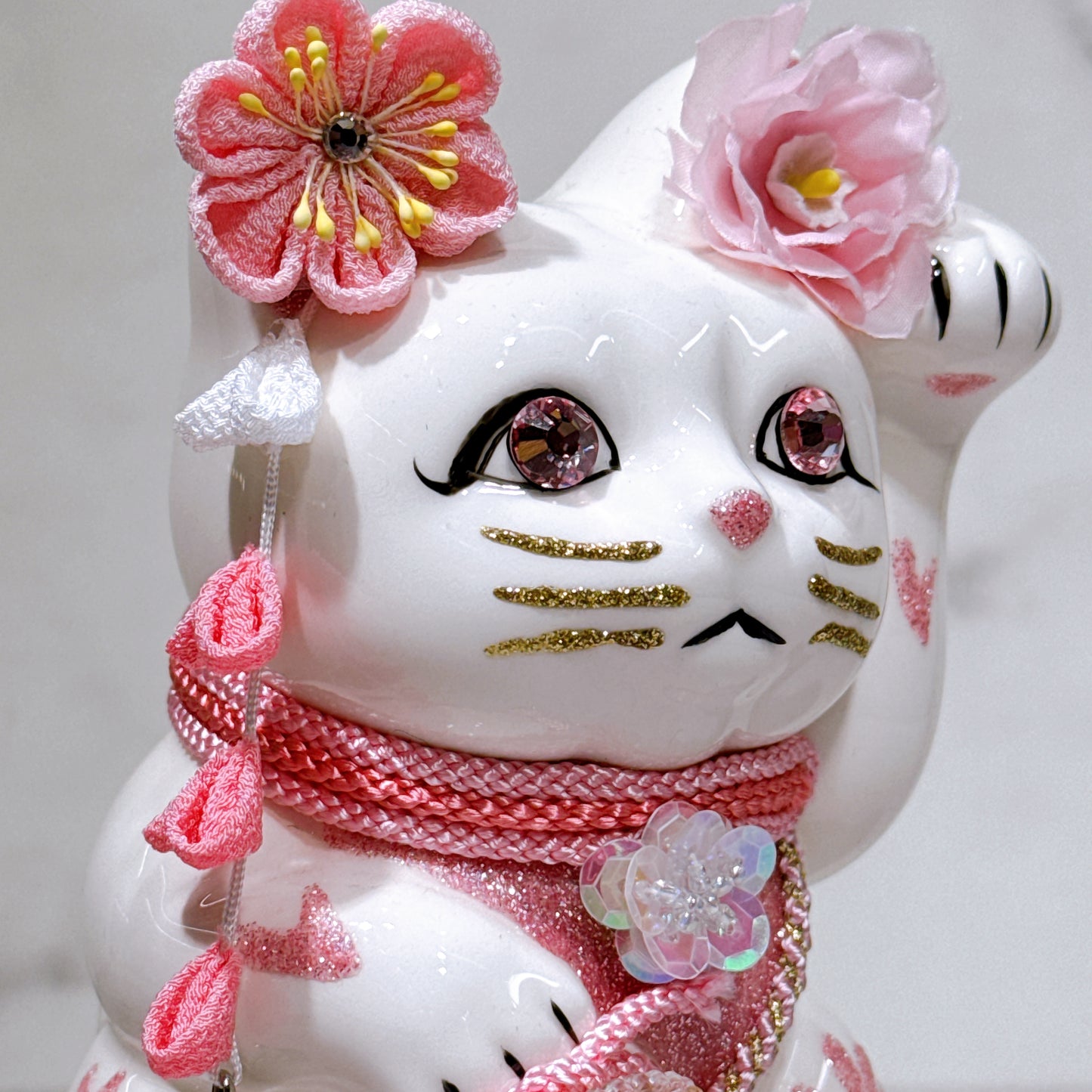日本花見招財貓 櫻貓 5號 白 左手