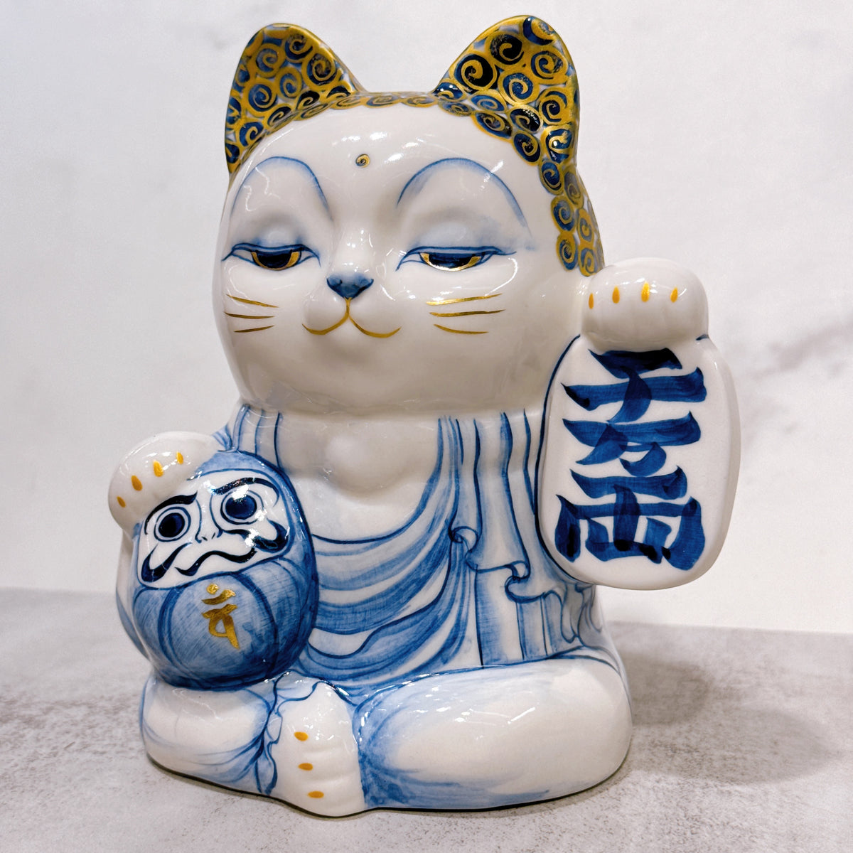 日本清水燒招財貓 達摩 染付 金彩 佛陀