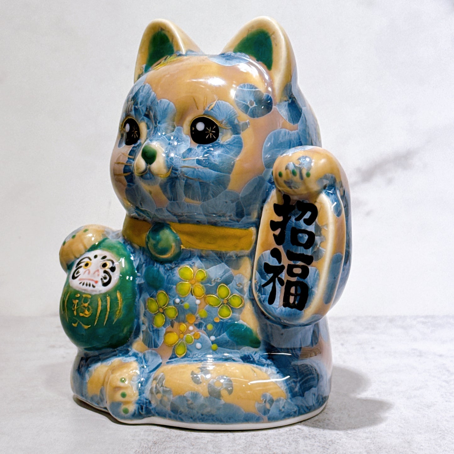 日本清水燒招財貓 達摩 花結晶 灰青 招福