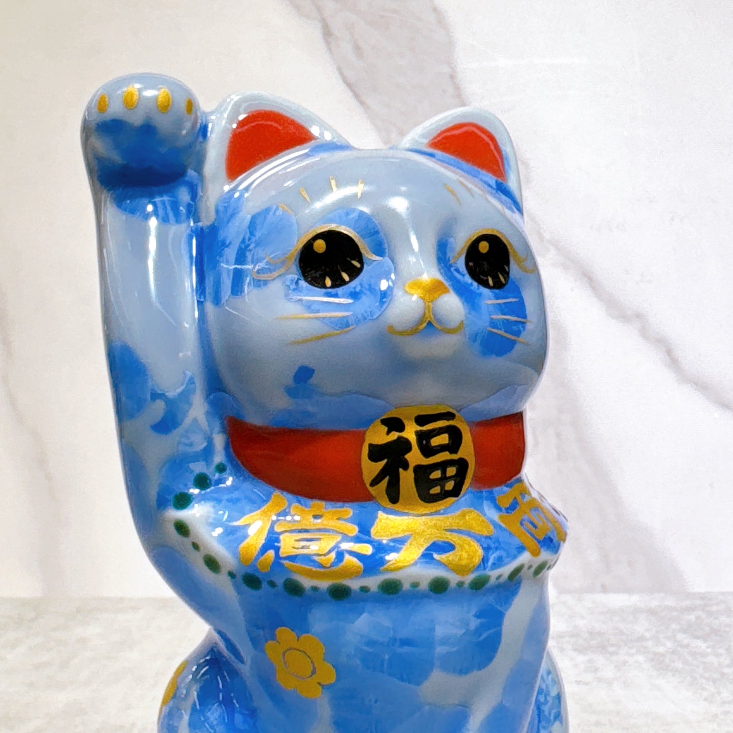 日本清水燒招財貓 花結晶 青 億万両