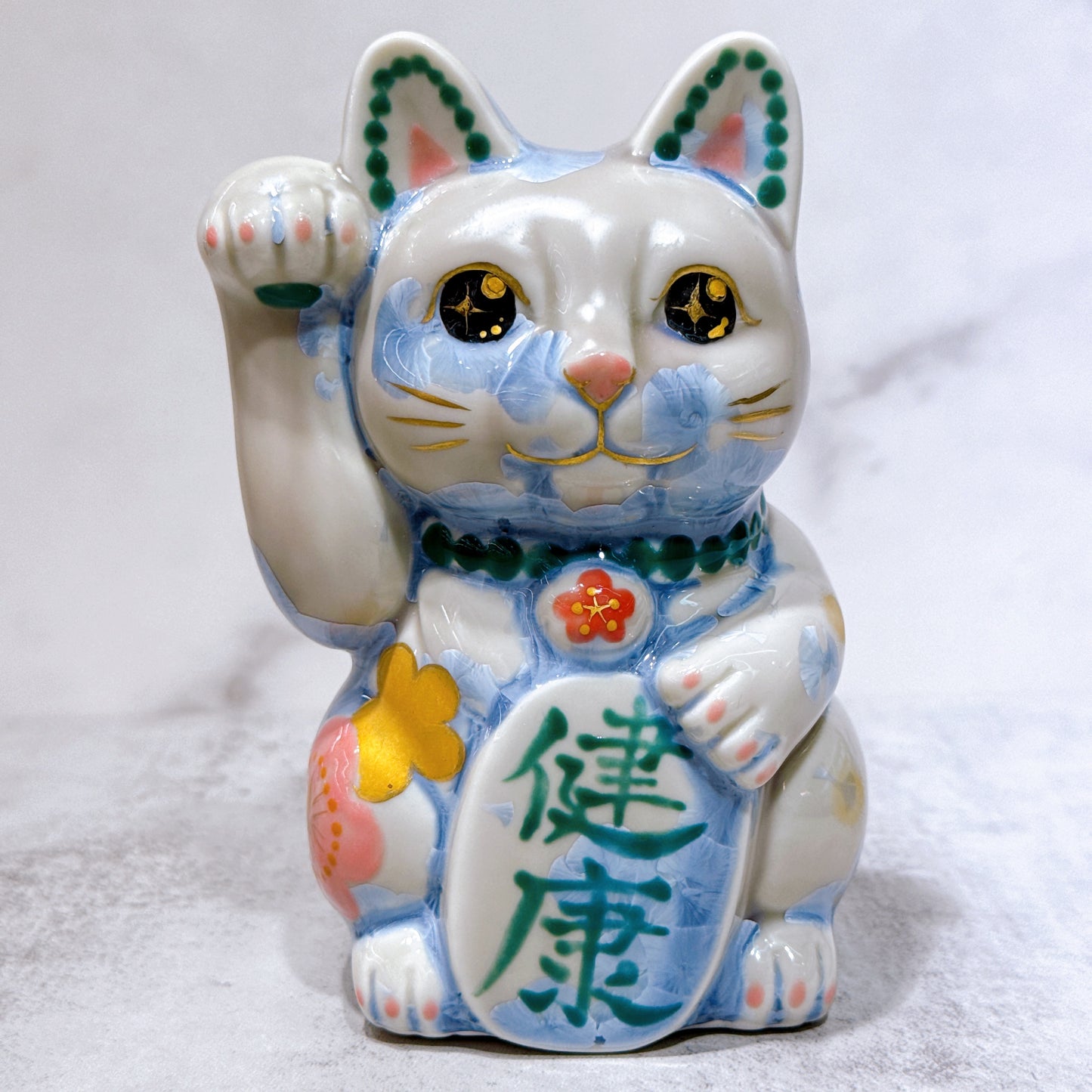 日本清水燒招財貓 花結晶 銀藤 体花 健康 右