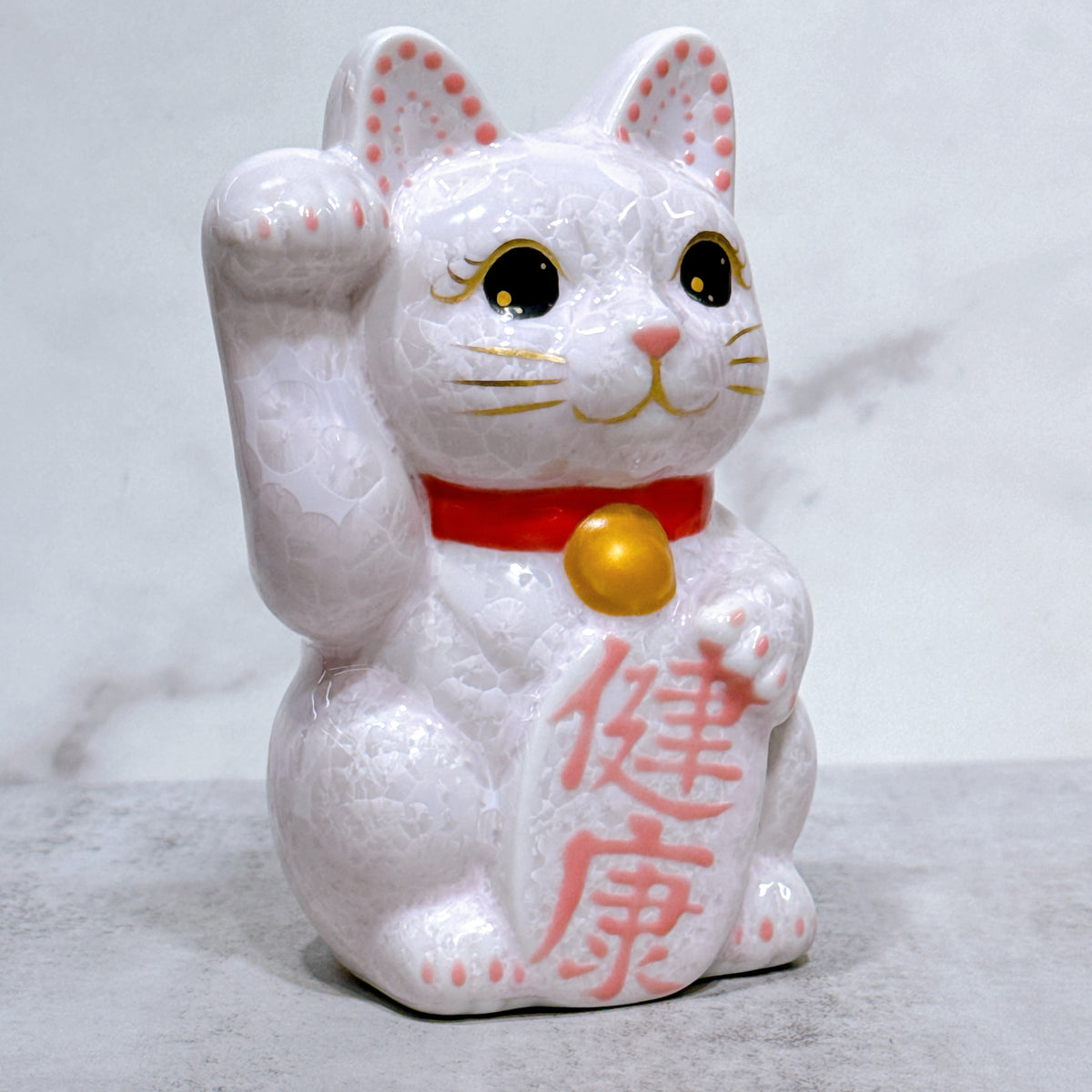 日本清水燒招財貓 花結晶 桃 右