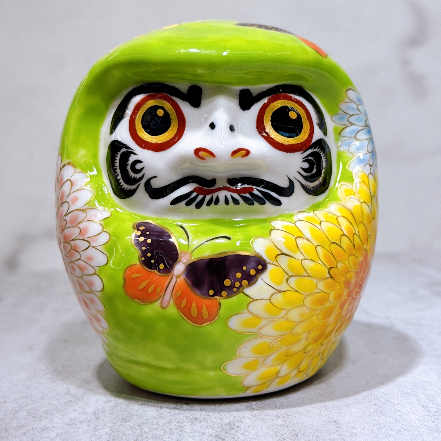 日本清水燒達摩 色繪 綠地匊蝶 小號