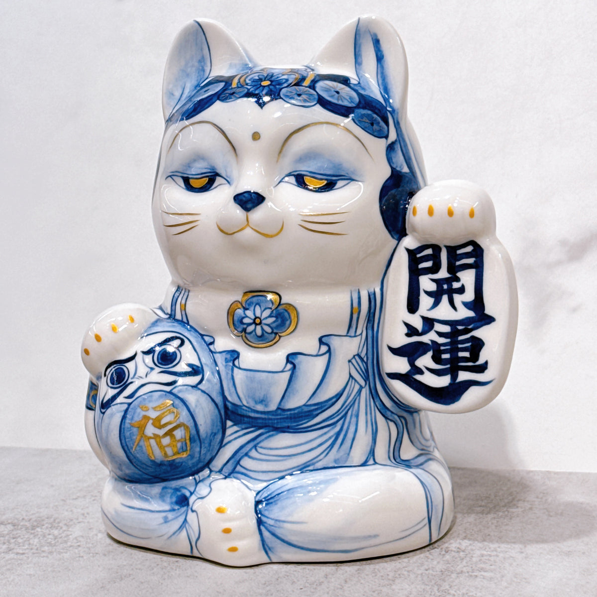 日本清水燒招財貓 達摩 染付 金彩 觀音