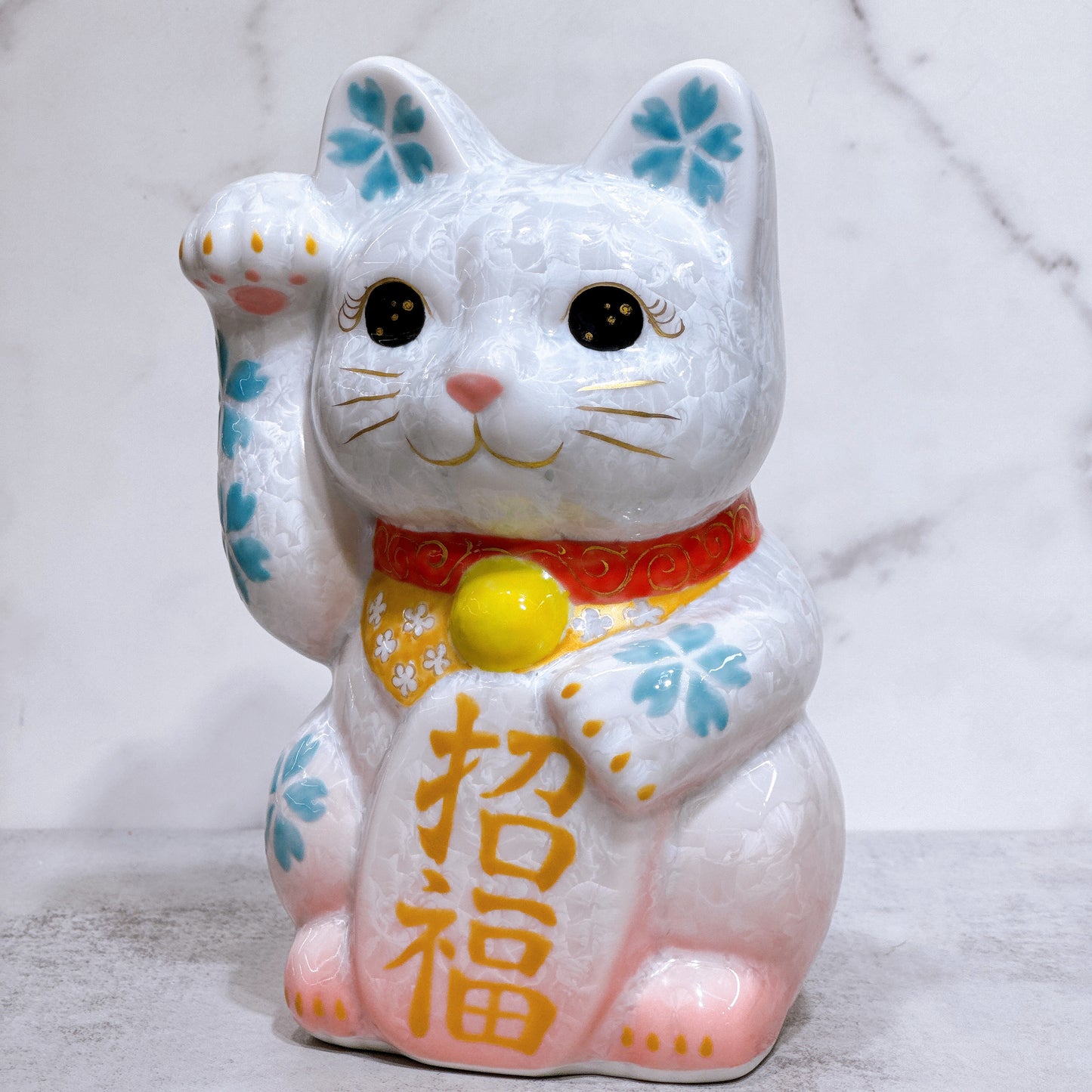 日本清水燒招財貓 花結晶 桃白 体花 特大 右