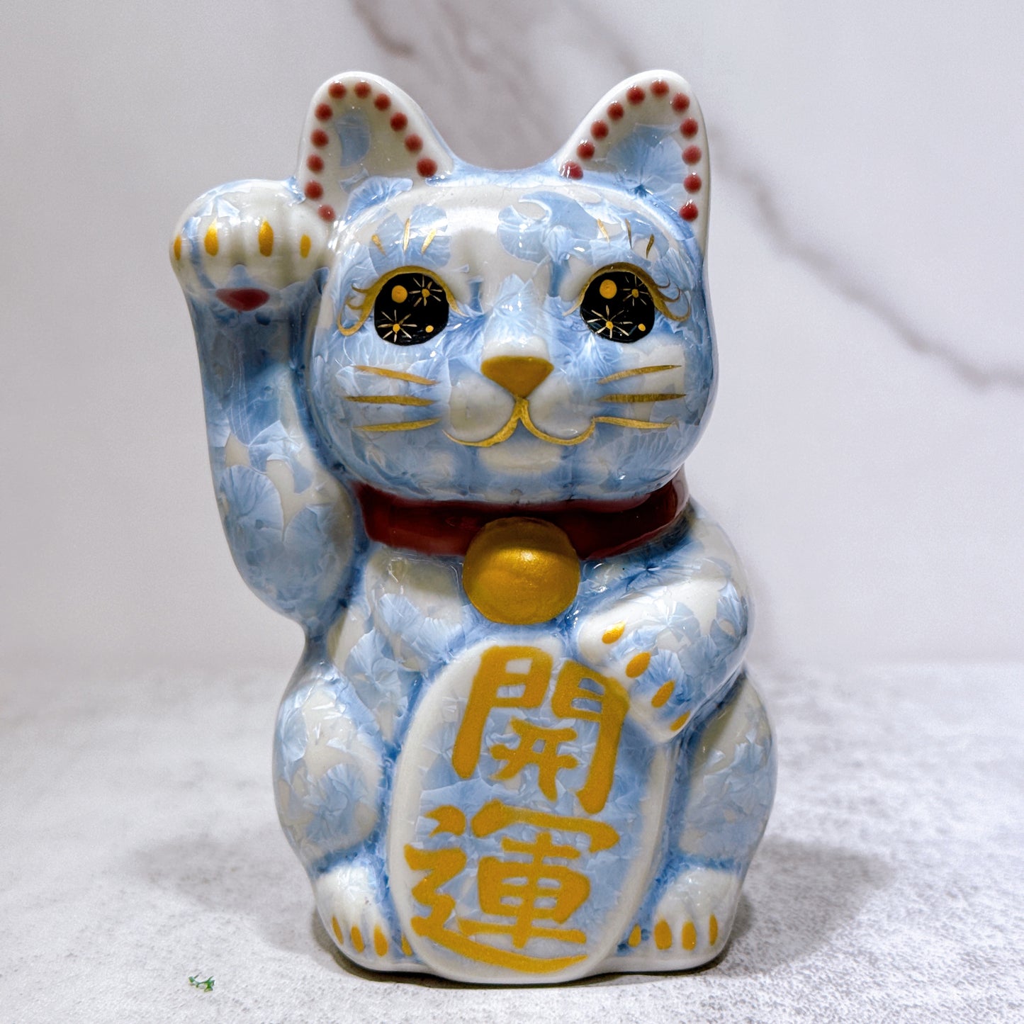 日本清水燒招財貓 花結晶 銀藤 開運 右 特小