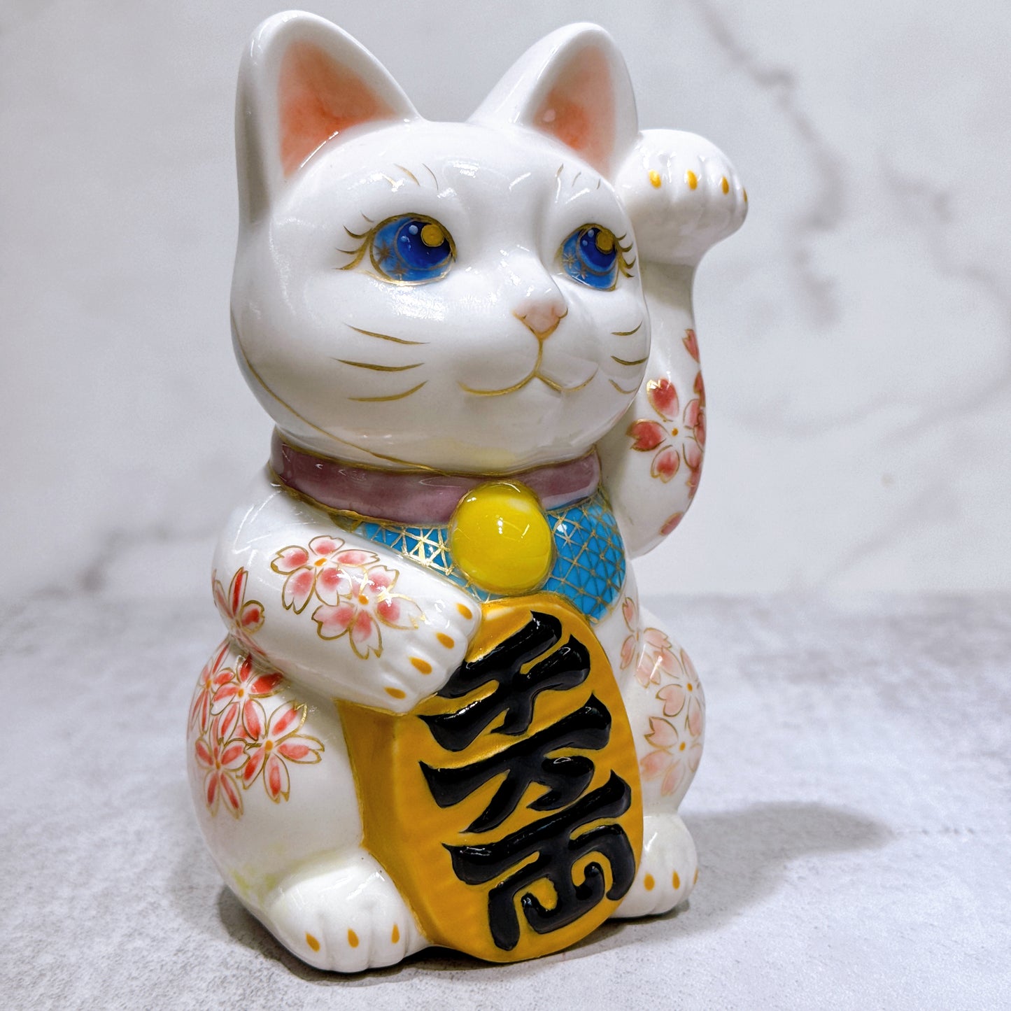 日本清水燒招財貓 色繪 富士山芝櫻