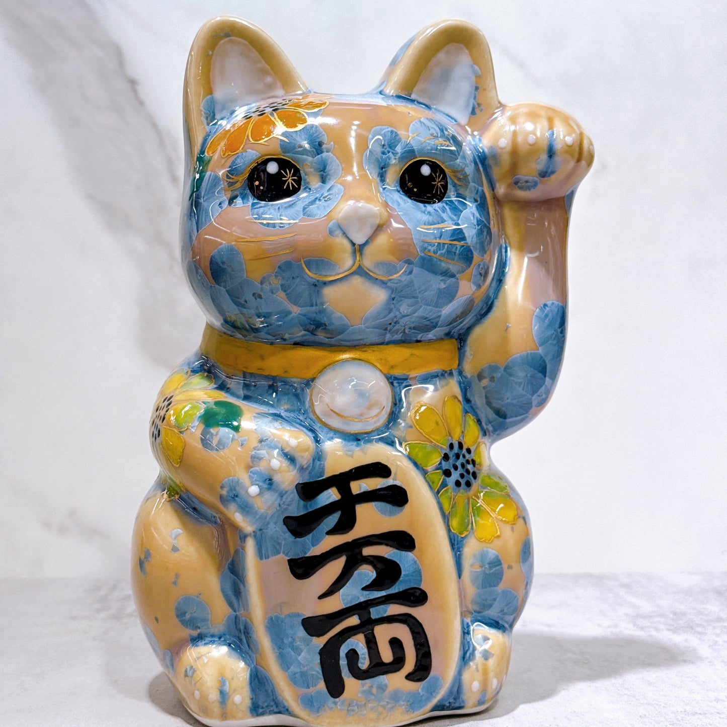 日本清水燒招財貓 花結晶 灰青 億万両 体花 特大 左