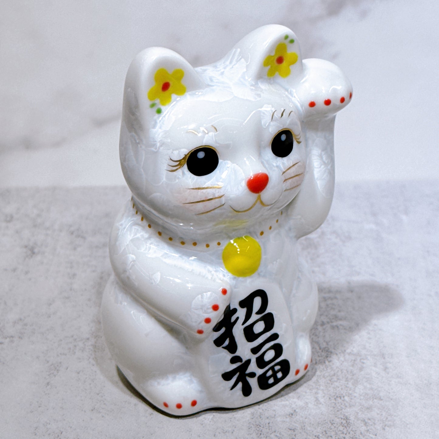 日本清水燒招財貓 花結晶 白 招福 左 特小