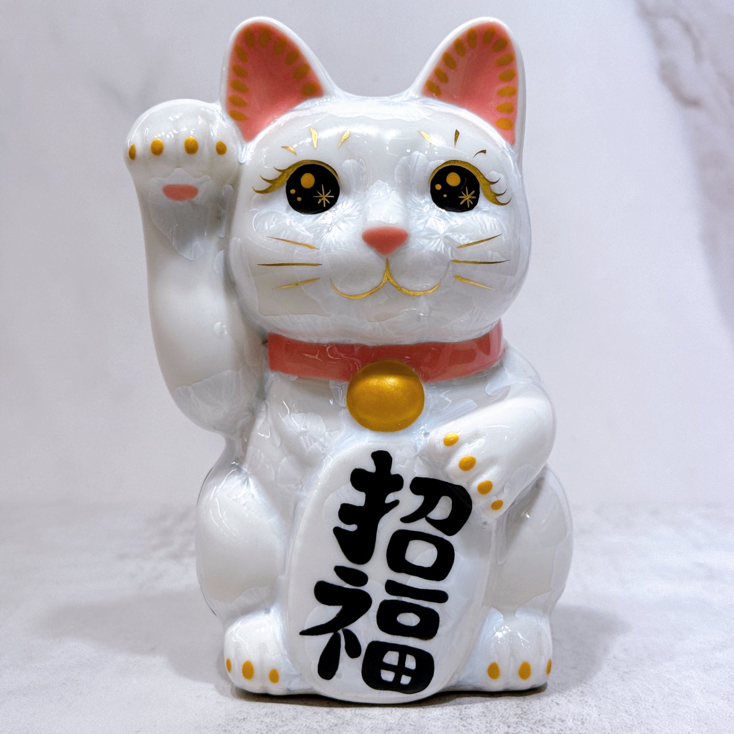 日本清水燒招財貓 花結晶 白 体花 招福 右