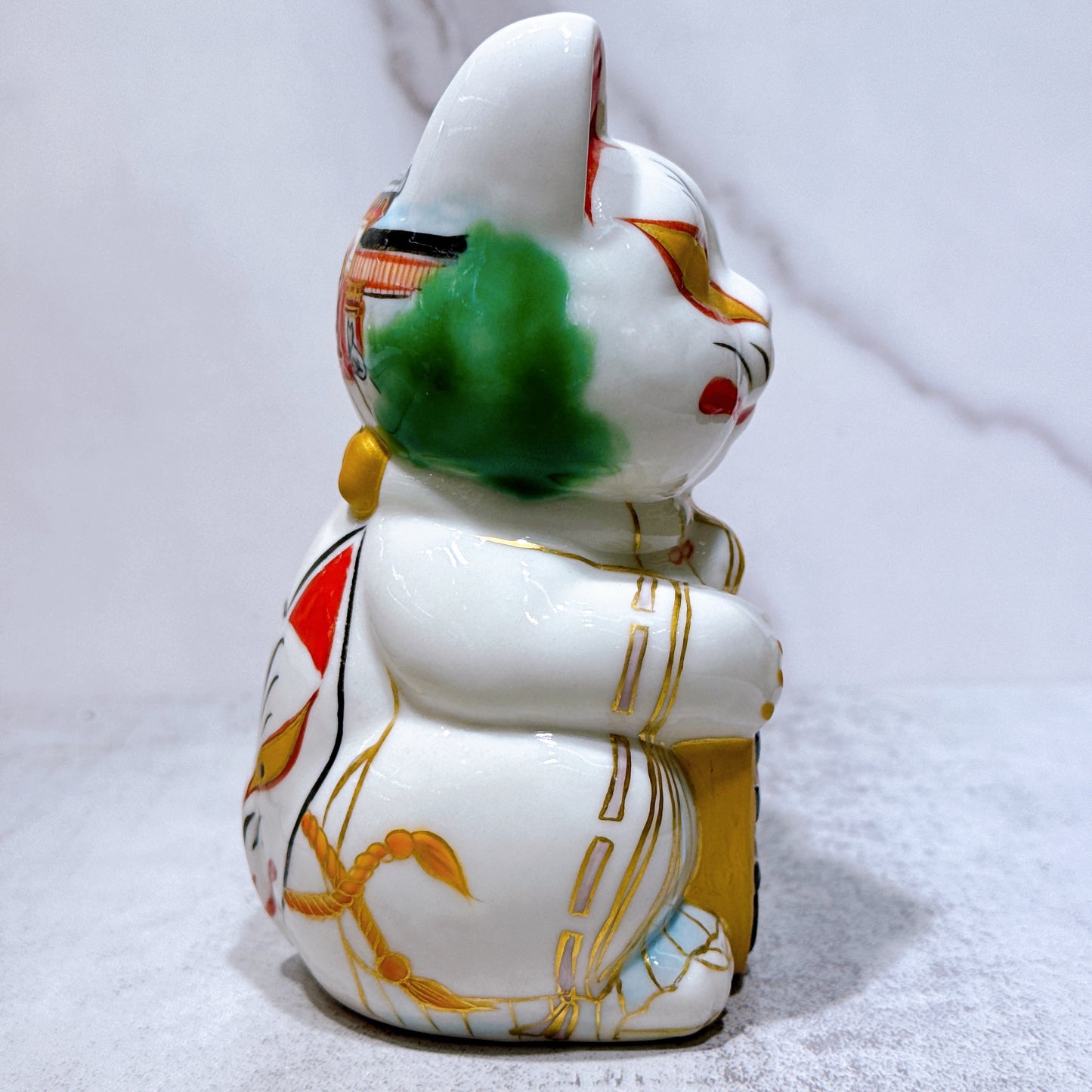 日本清水烧招财猫 色绘 白狐稻荷