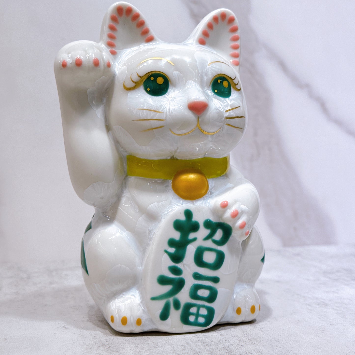 日本清水燒招財貓 花結晶 白 体花 招福 右