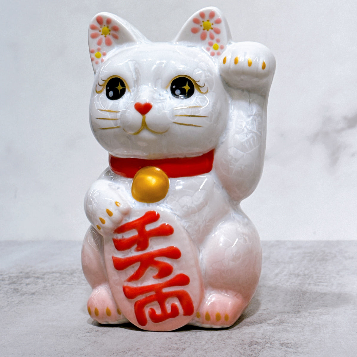 日本清水燒招財貓 花結晶 桃白 千万両 左