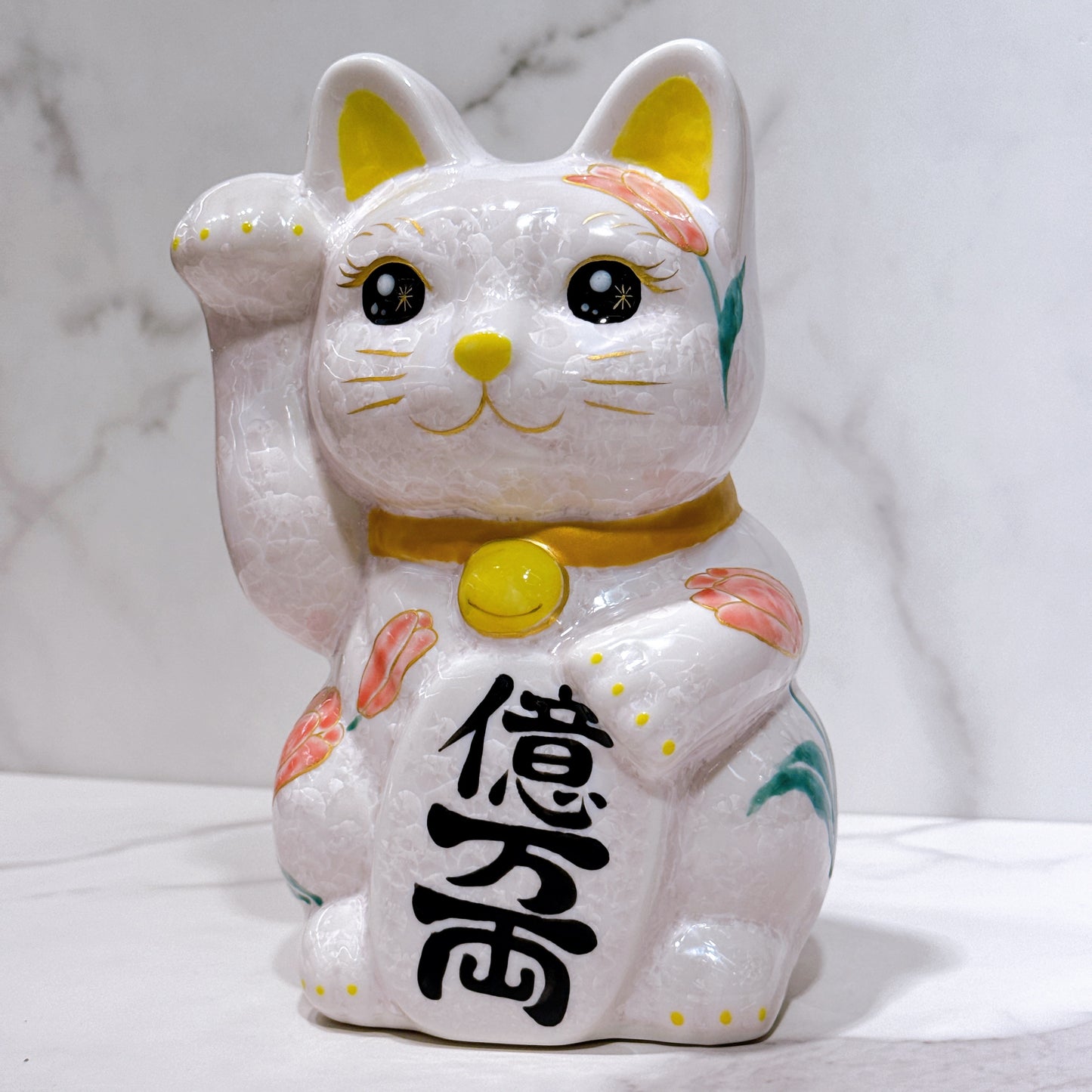日本清水燒招財貓 花結晶 桃 億万両 体花 特大 右