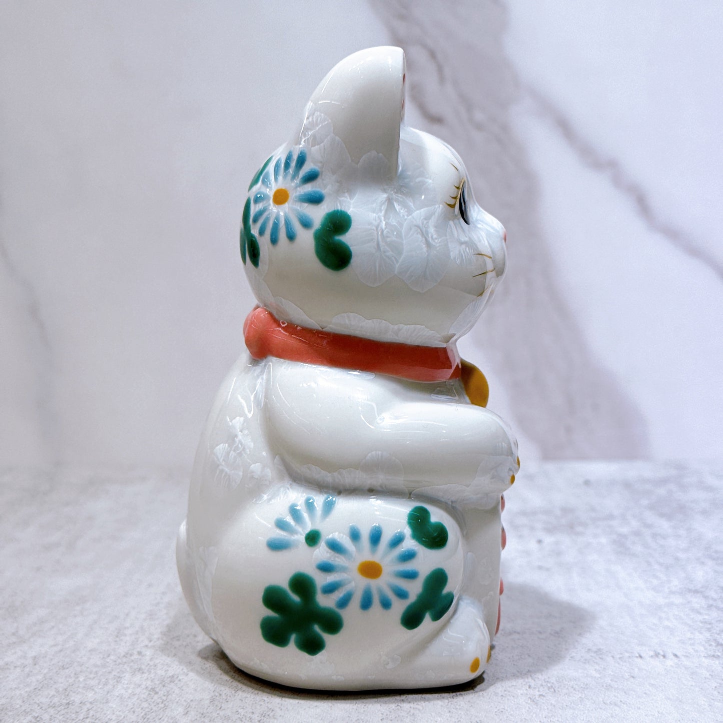 日本清水烧招财猫 花结晶 白 体花 千万两 左