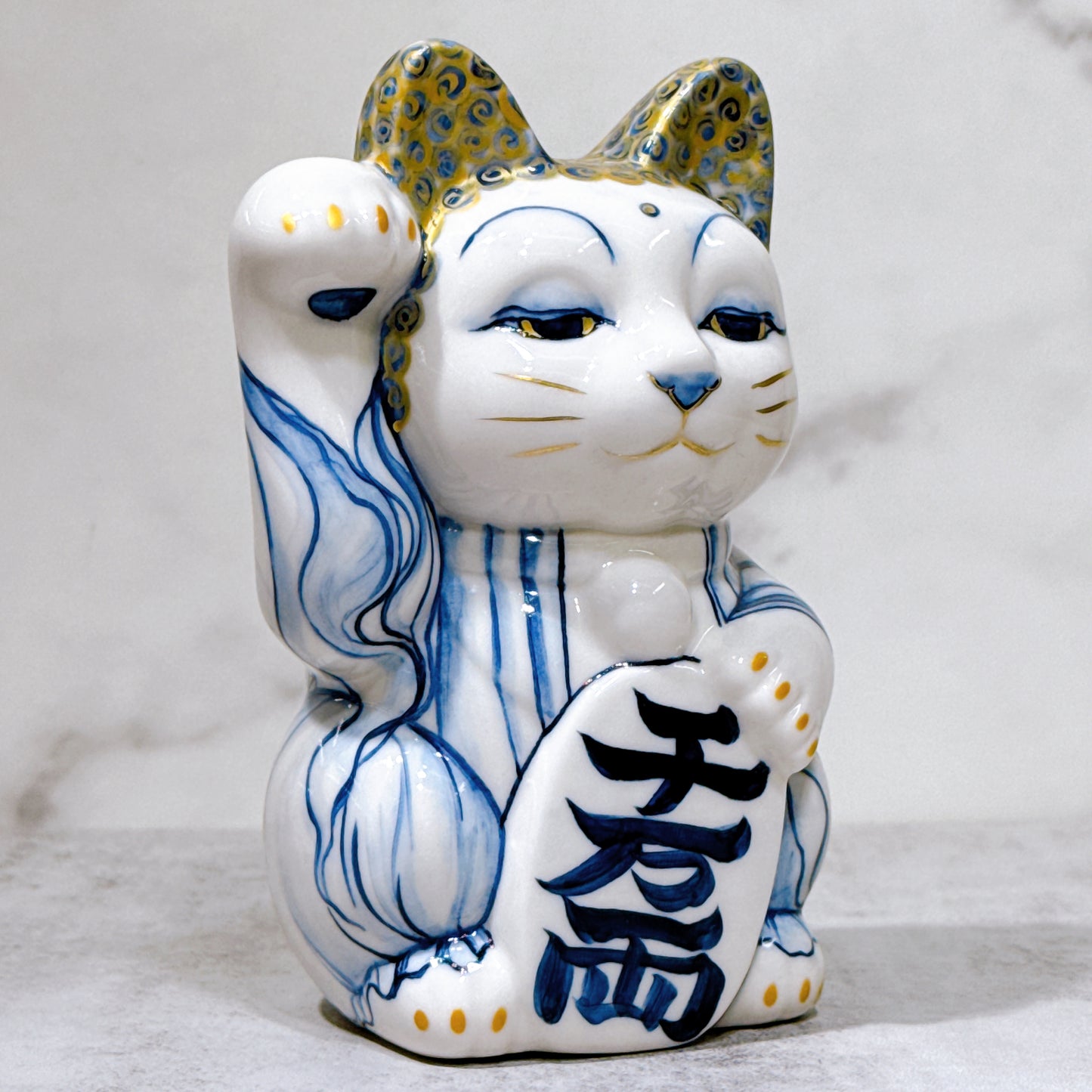 日本清水燒招財貓 染付 佛陀 金彩