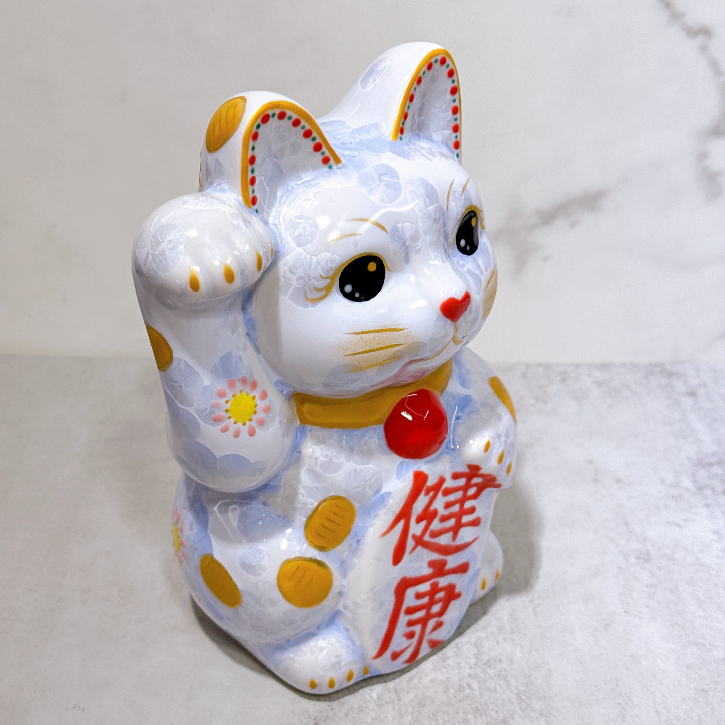 日本清水燒招財貓 花結晶 藤 健康 体花 特大 右