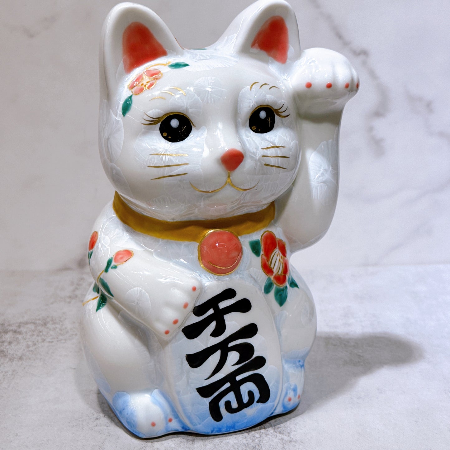 日本清水燒招財貓 花結晶 青白 千万両 体花 特大 左