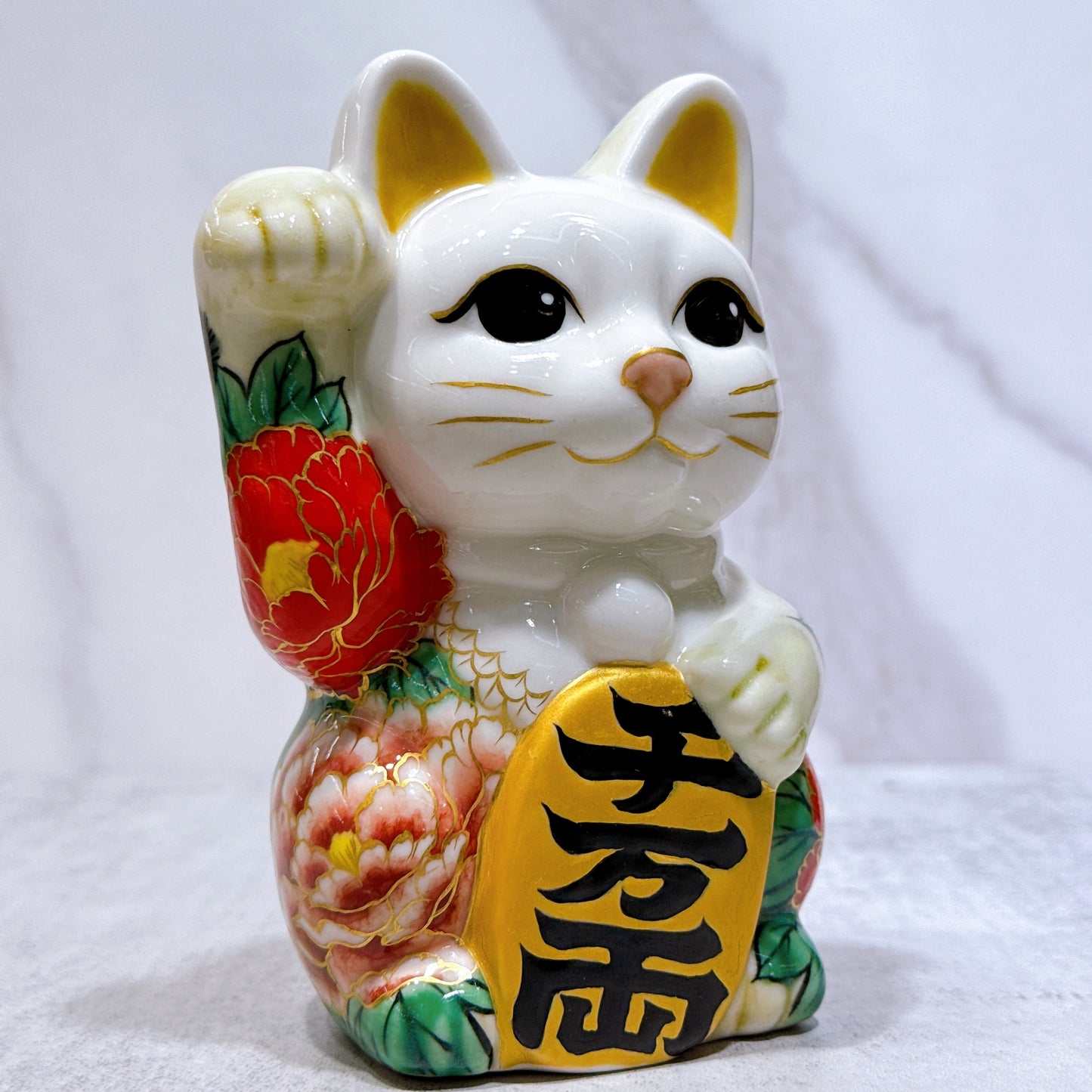 日本清水燒招財貓 色繪 孔雀