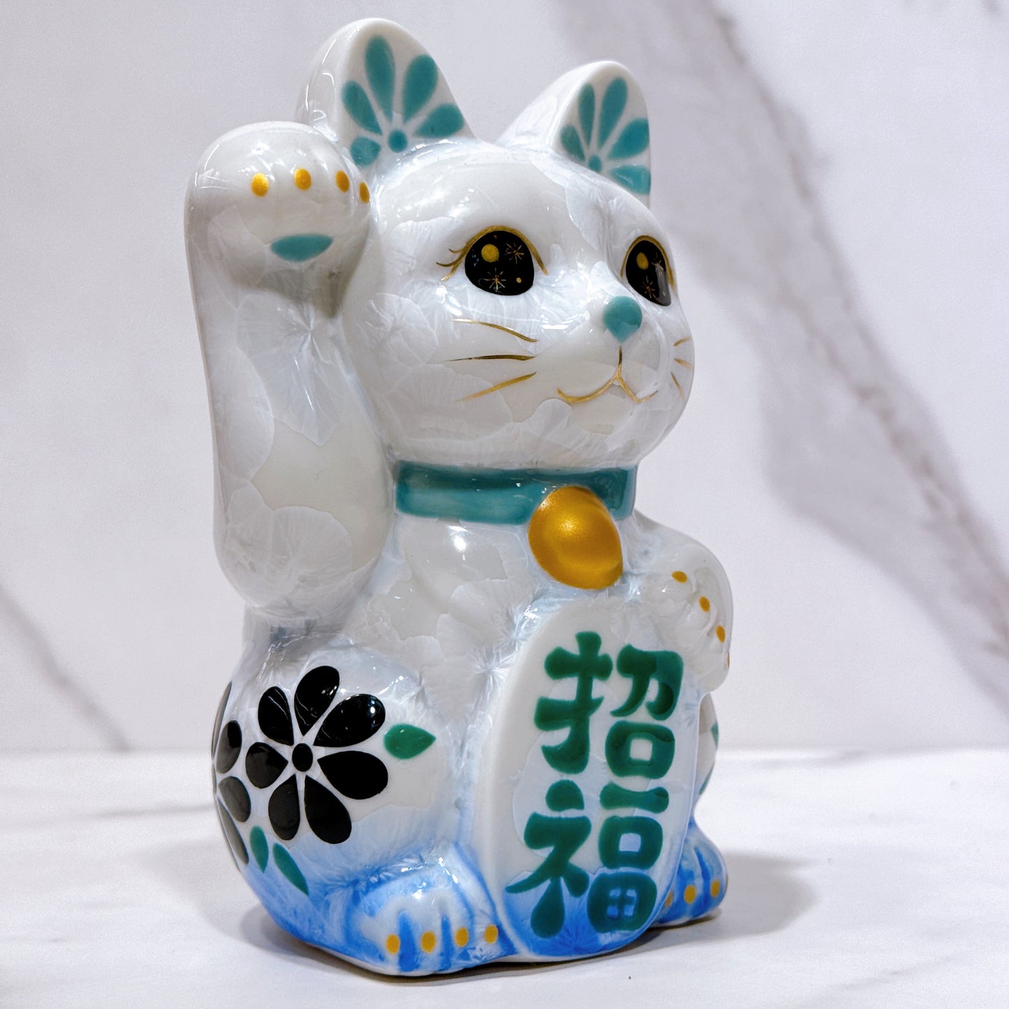 日本清水燒招財貓 花結晶 青白 体花 招福 右