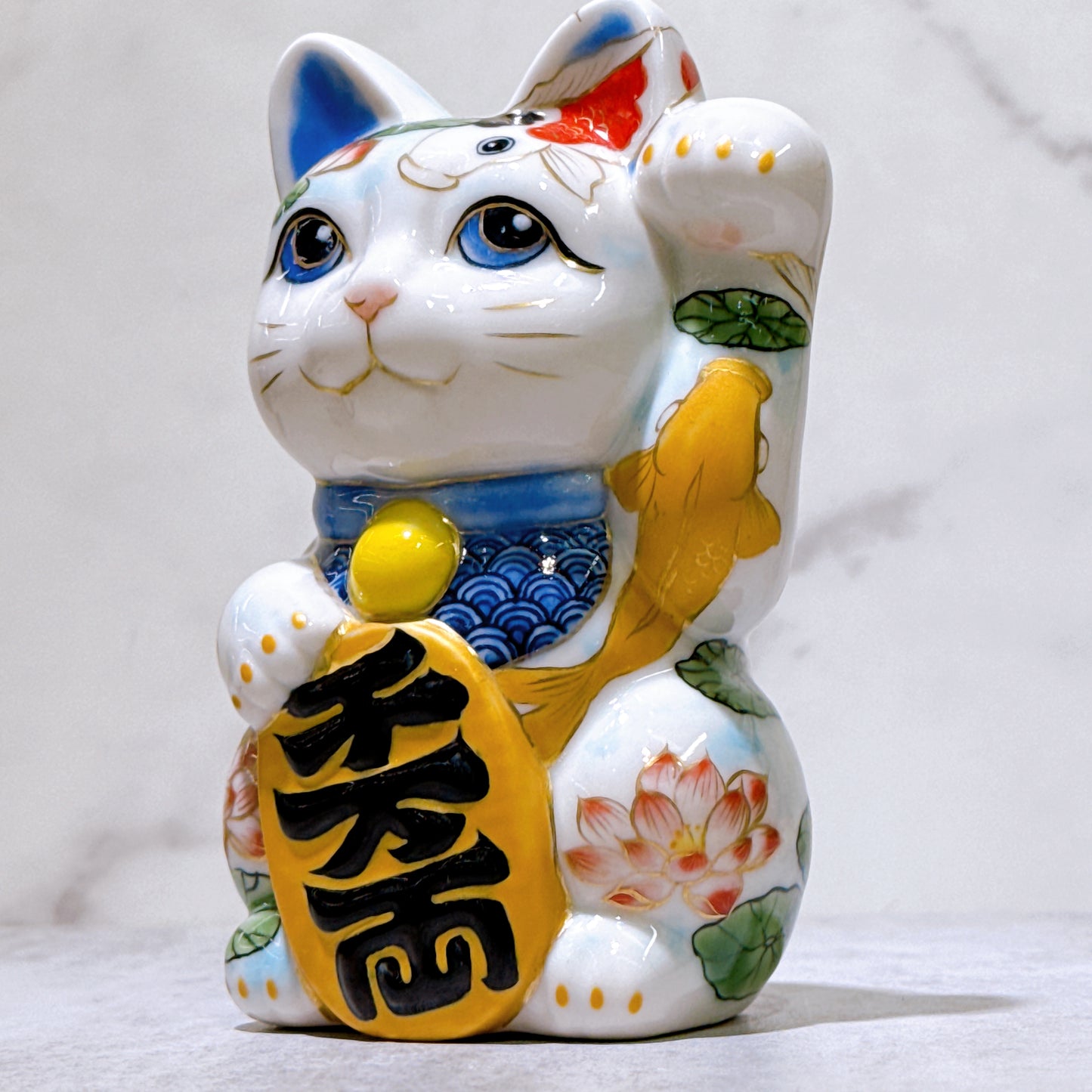 日本清水燒招財貓 色繪 鯉