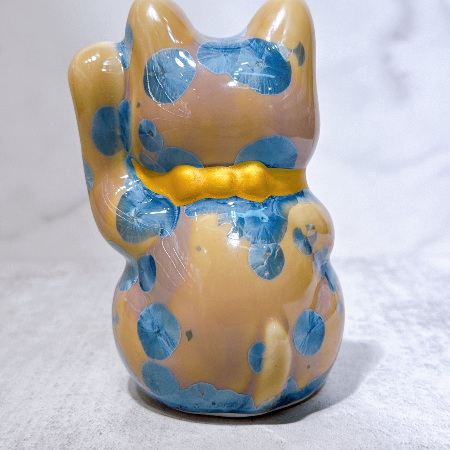 日本清水燒招財貓 花結晶 灰青 招福 右 特小