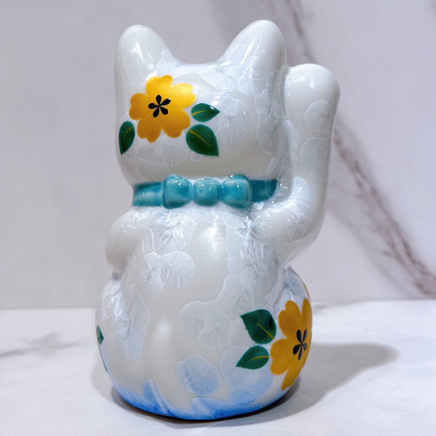 日本清水燒招財貓 花結晶 青白 体花 招福 右
