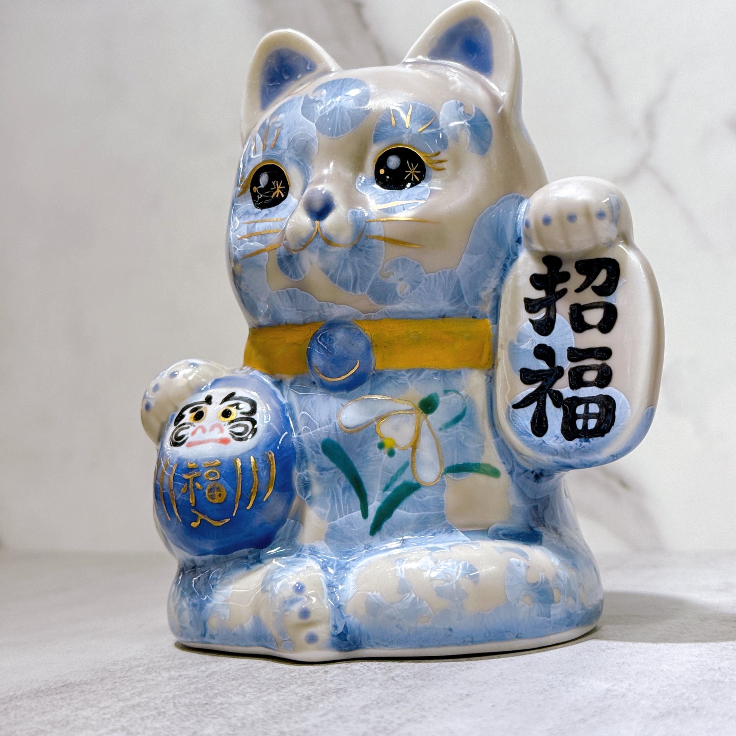 日本清水燒招財貓 達摩 花結晶 銀藤 招福