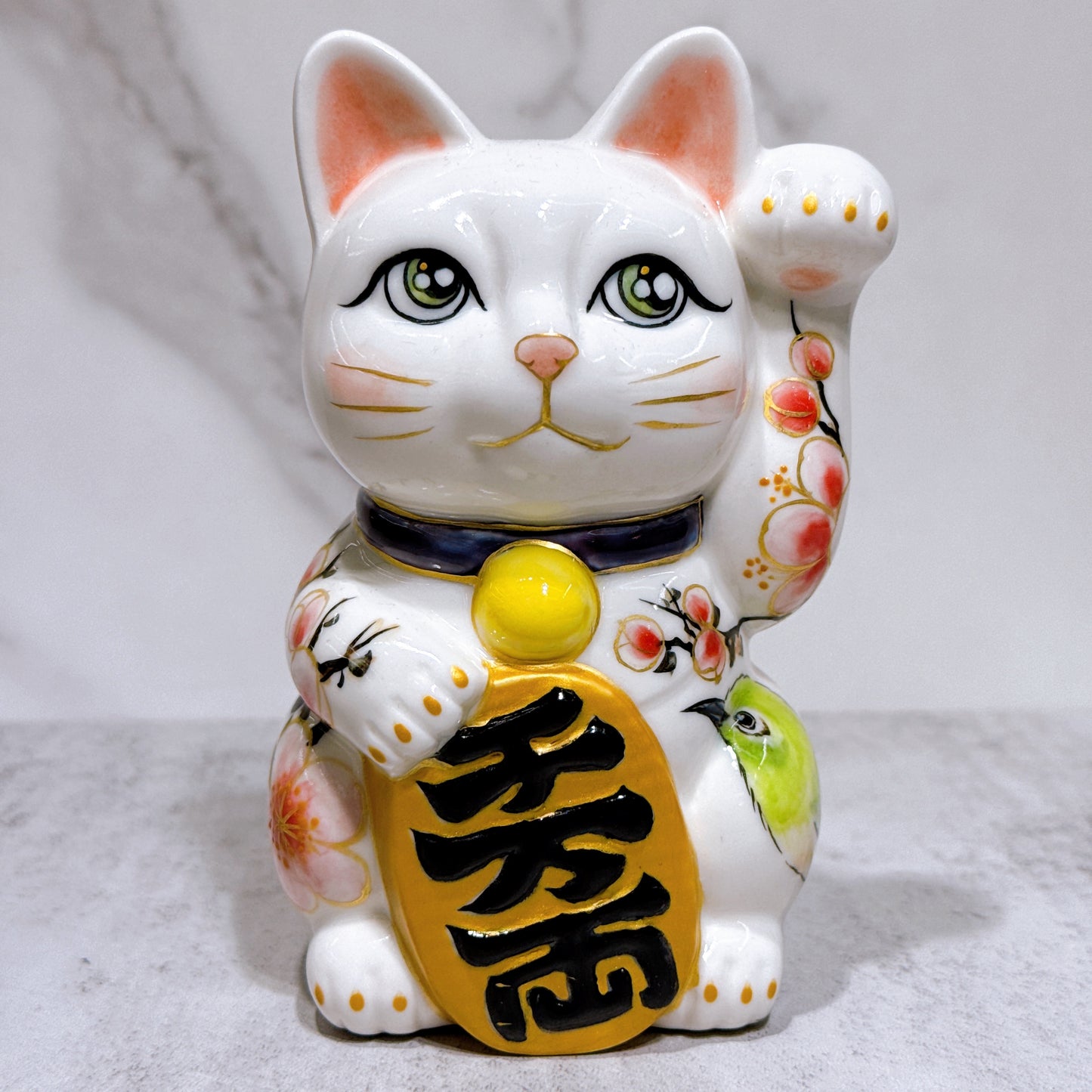 日本清水燒招財貓 色繪 梅花草鳥