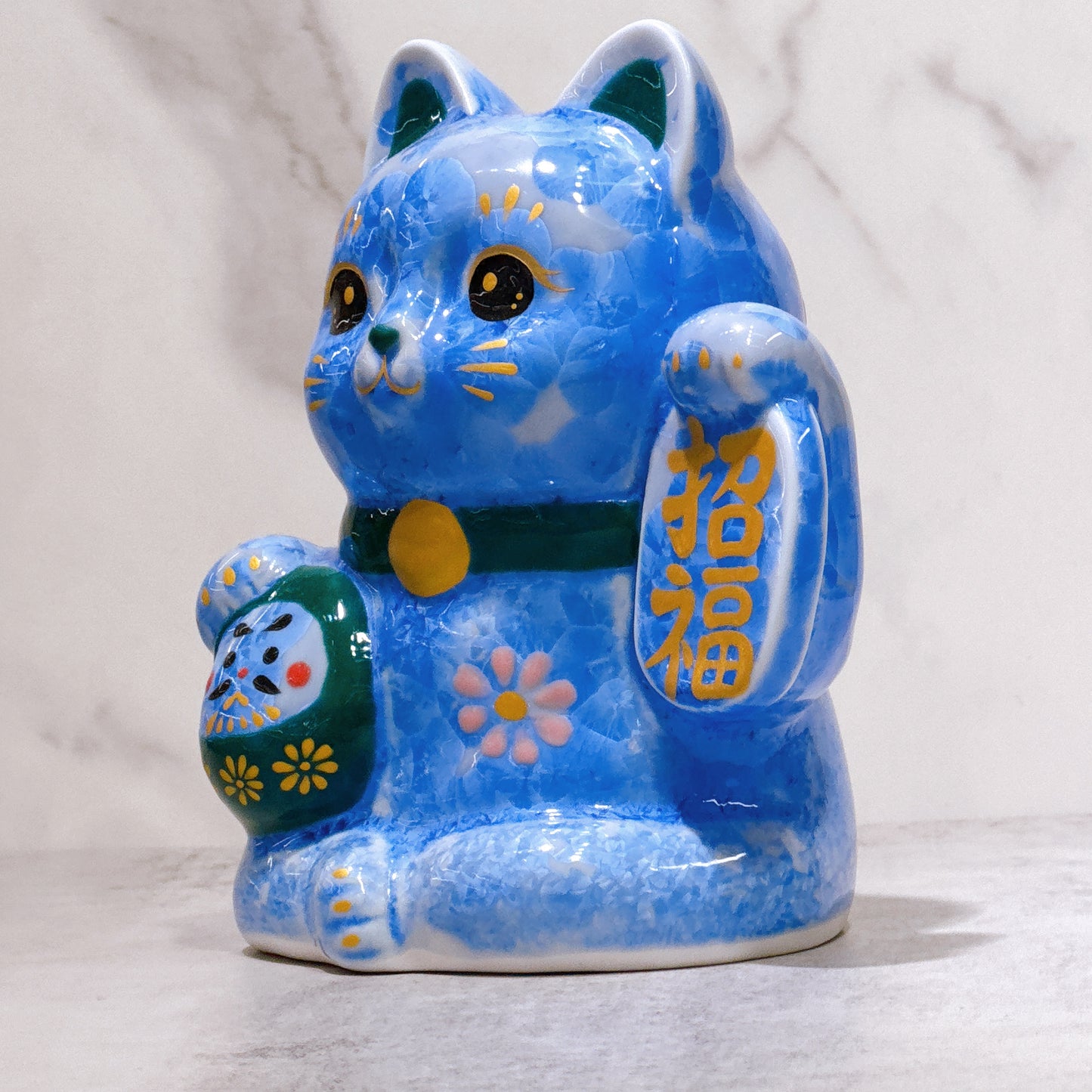 日本清水燒招財貓 達摩 花結晶 青 招福
