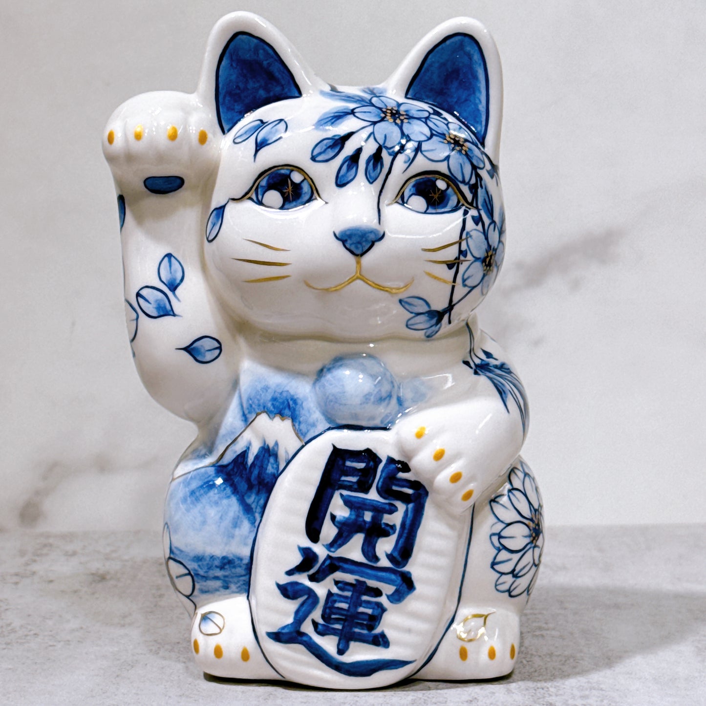 日本清水燒招財貓 染付 富士櫻 金彩