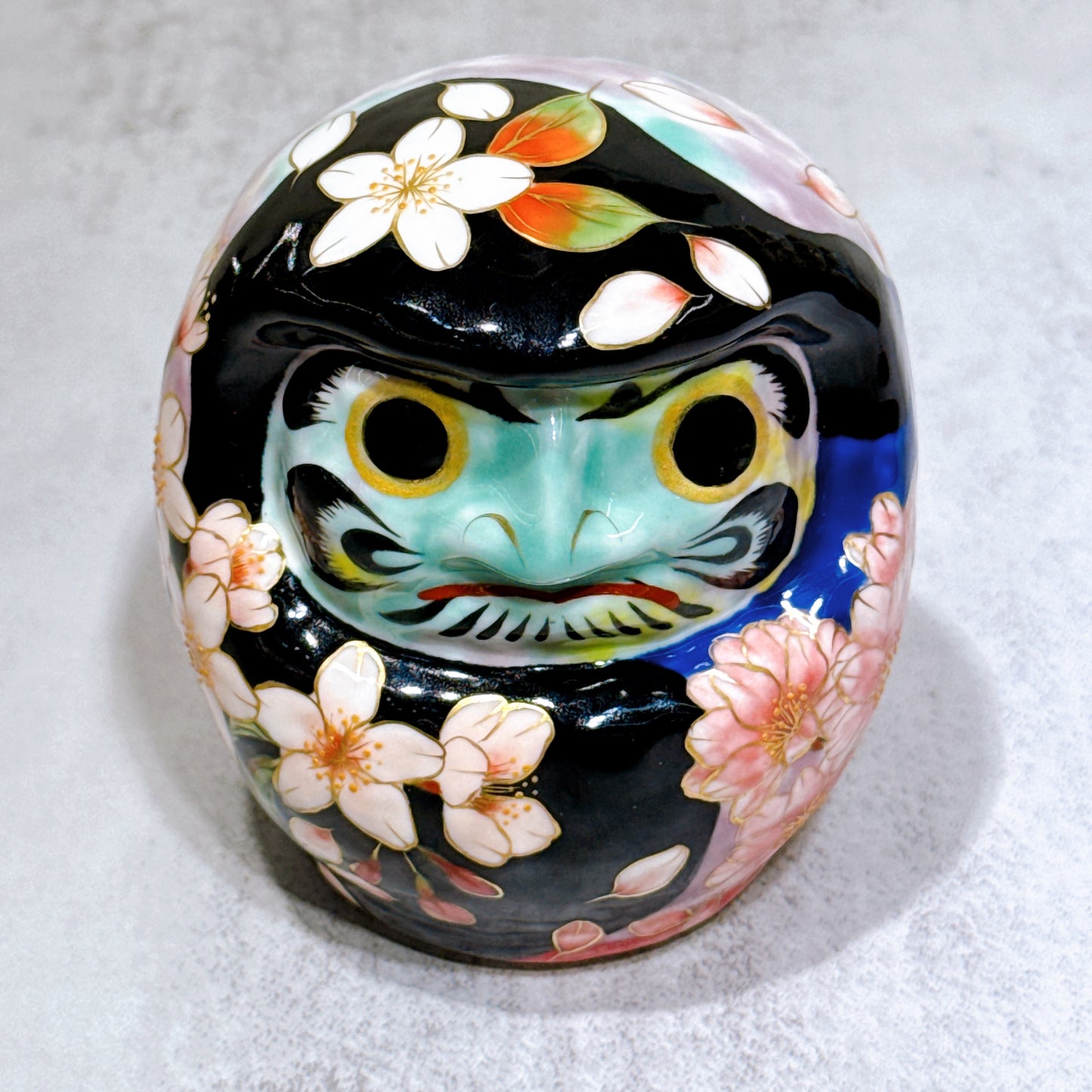 日本清水燒達摩 色繪 黑地 富士櫻 小號