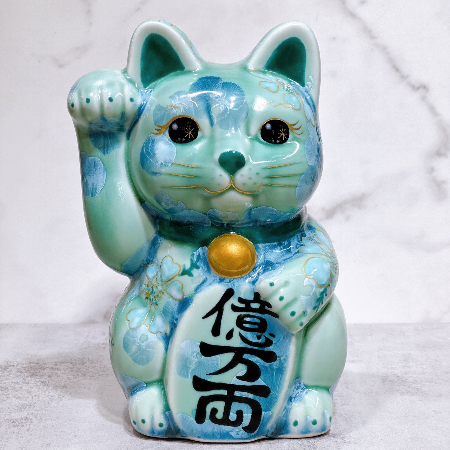 日本清水燒招財貓 花結晶 綠 億万両 体花 特大 右