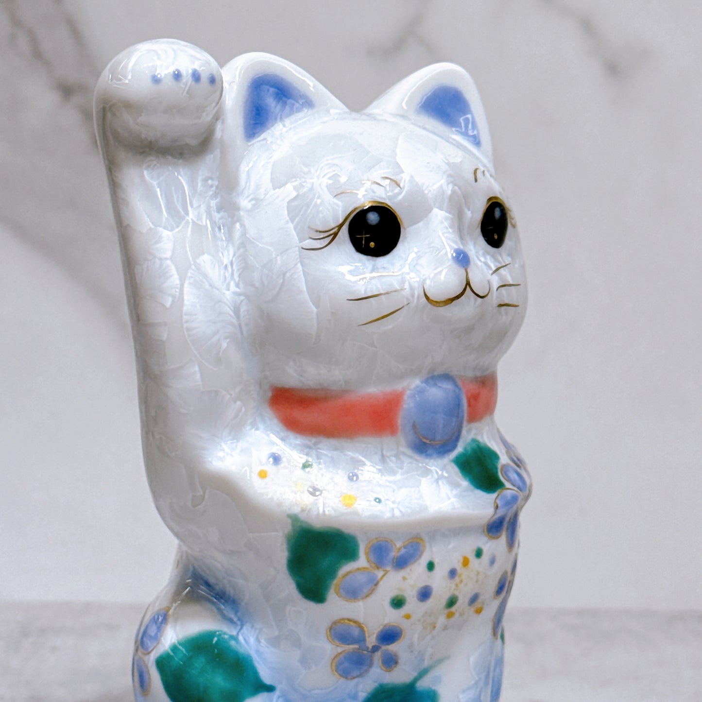 日本清水燒招財貓 花結晶 青白 体花