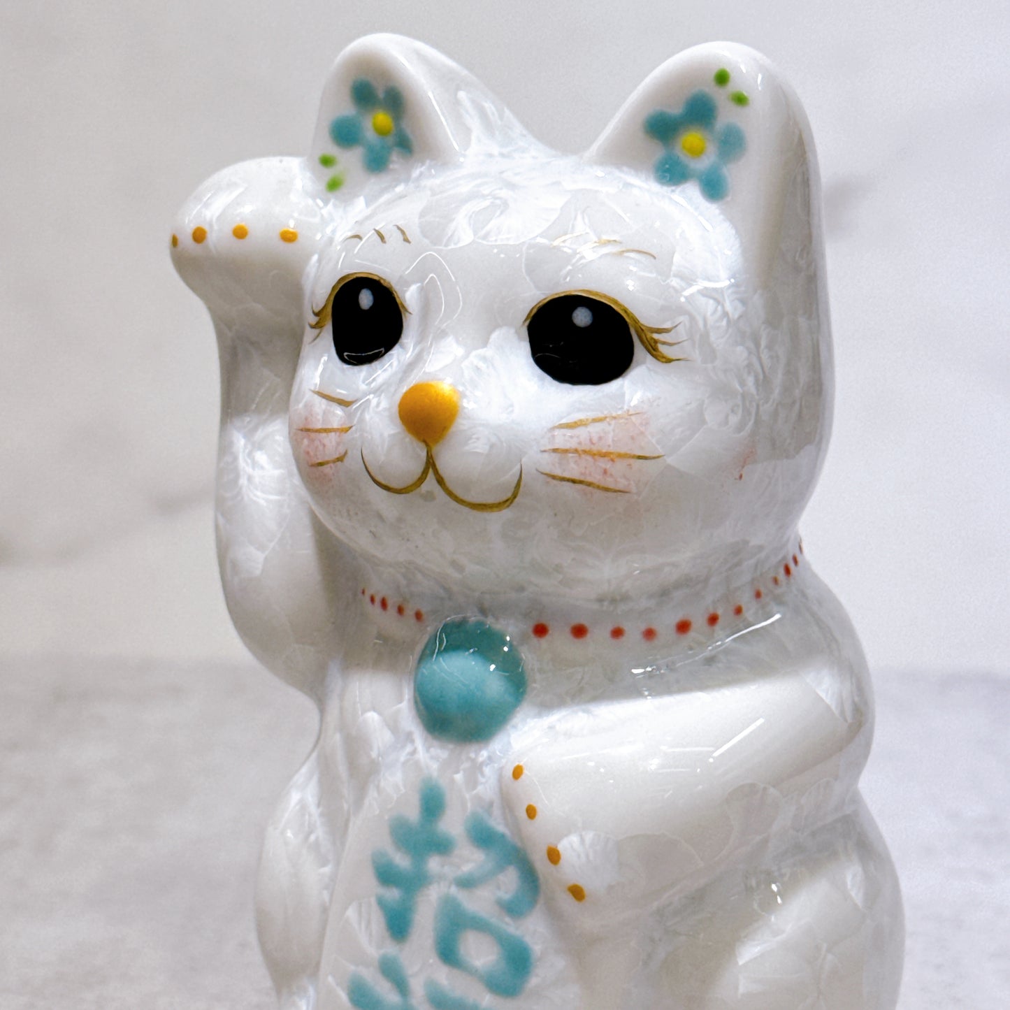 日本清水燒招財貓 花結晶 白 招福 右 特小