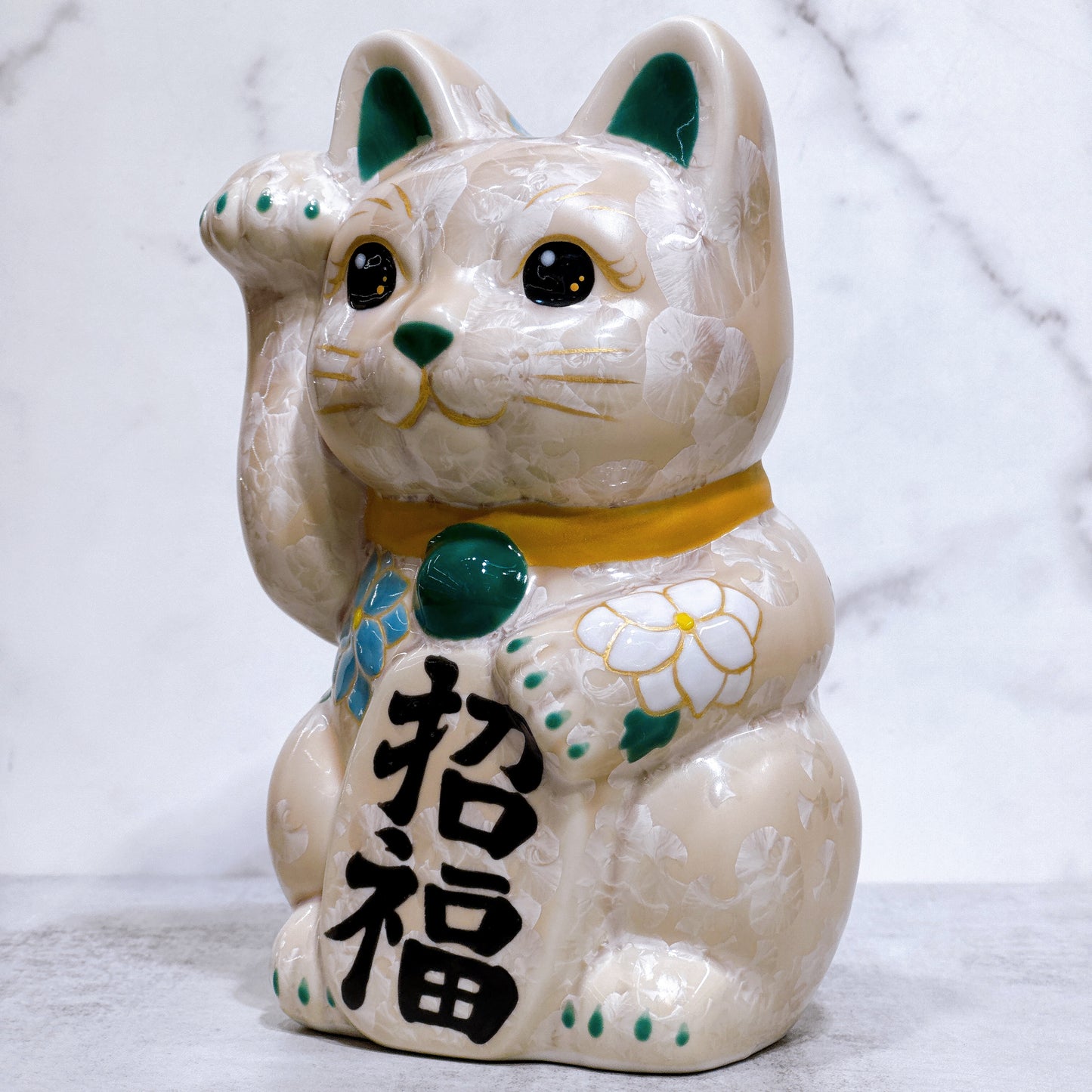 日本清水燒招財貓 花結晶 杏 招福 体花 特大 右