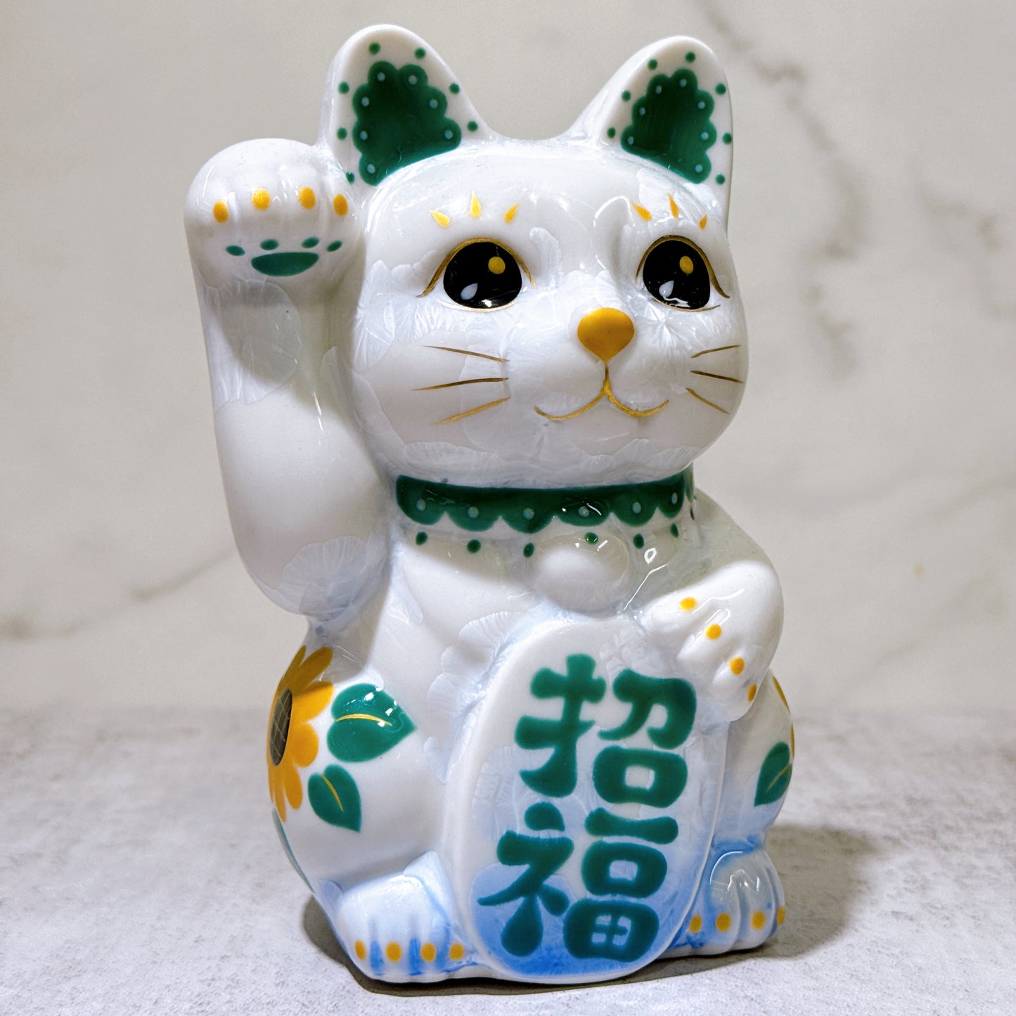 日本清水燒招財貓 花結晶 青白 招福 体花 右