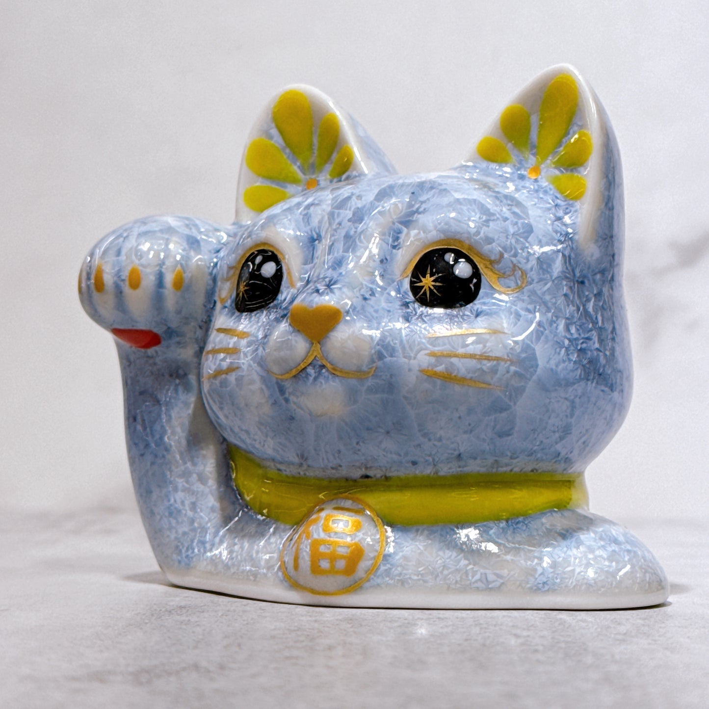 日本清水燒招財貓 貓半身 花結晶 銀藤 開運