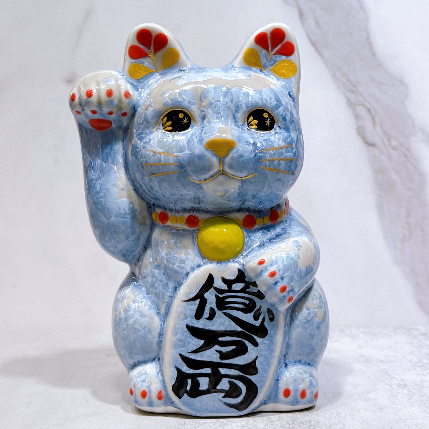 日本清水燒招財貓 花結晶 銀藤 億万両 特大 右