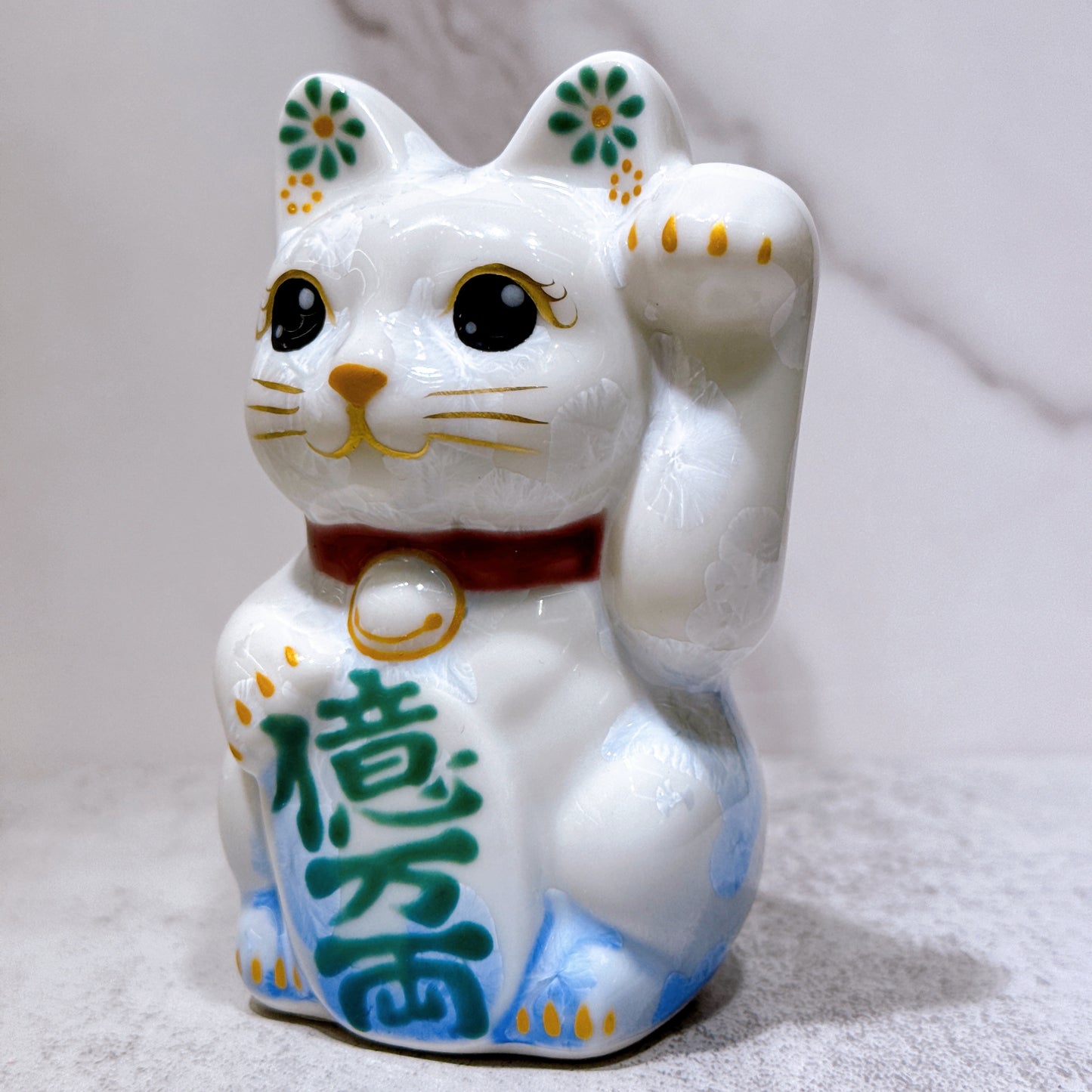 日本清水燒招財貓 花結晶 青白 億万両 左 特小