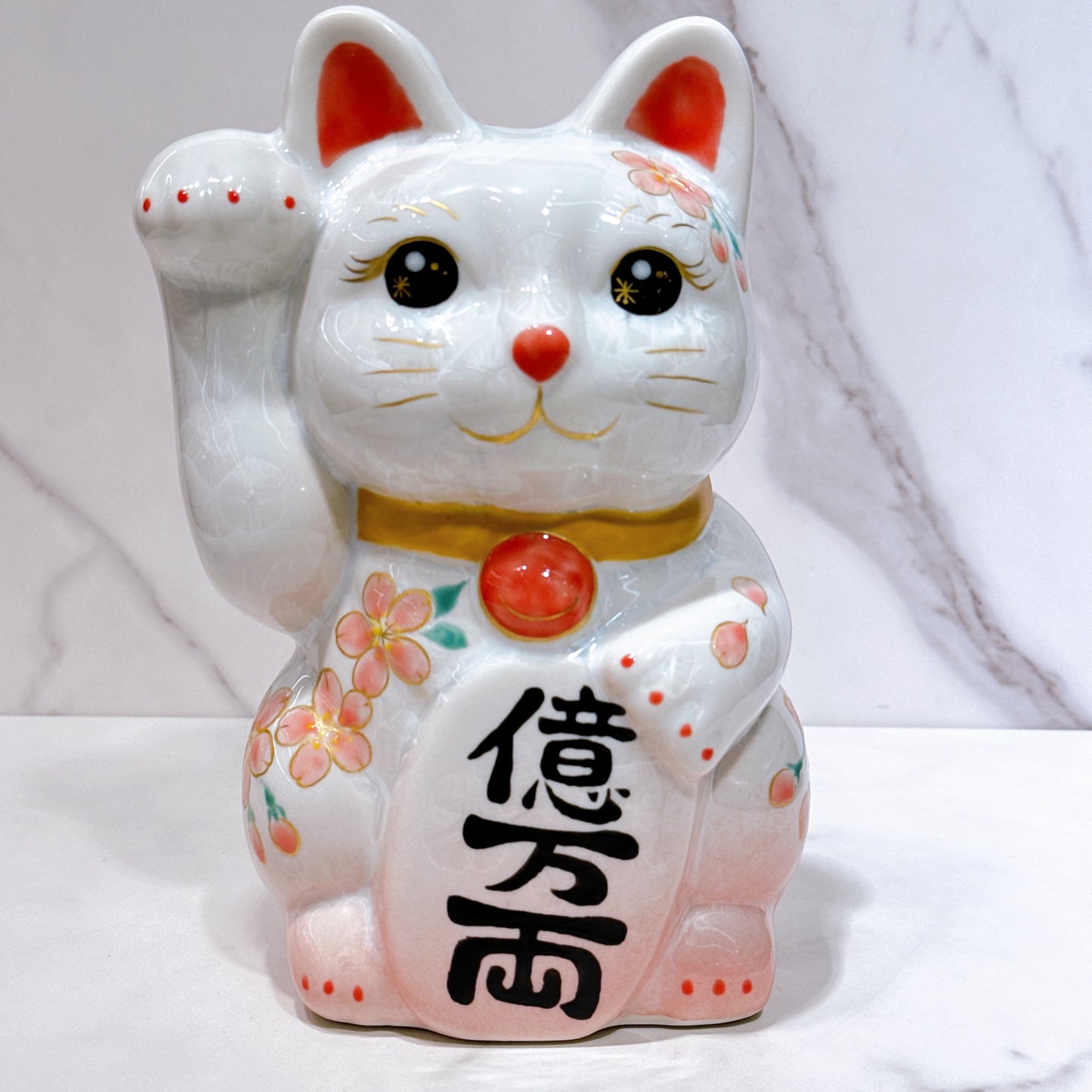 日本清水燒招財貓 花結晶 桃白 億万両 体花 特大 右
