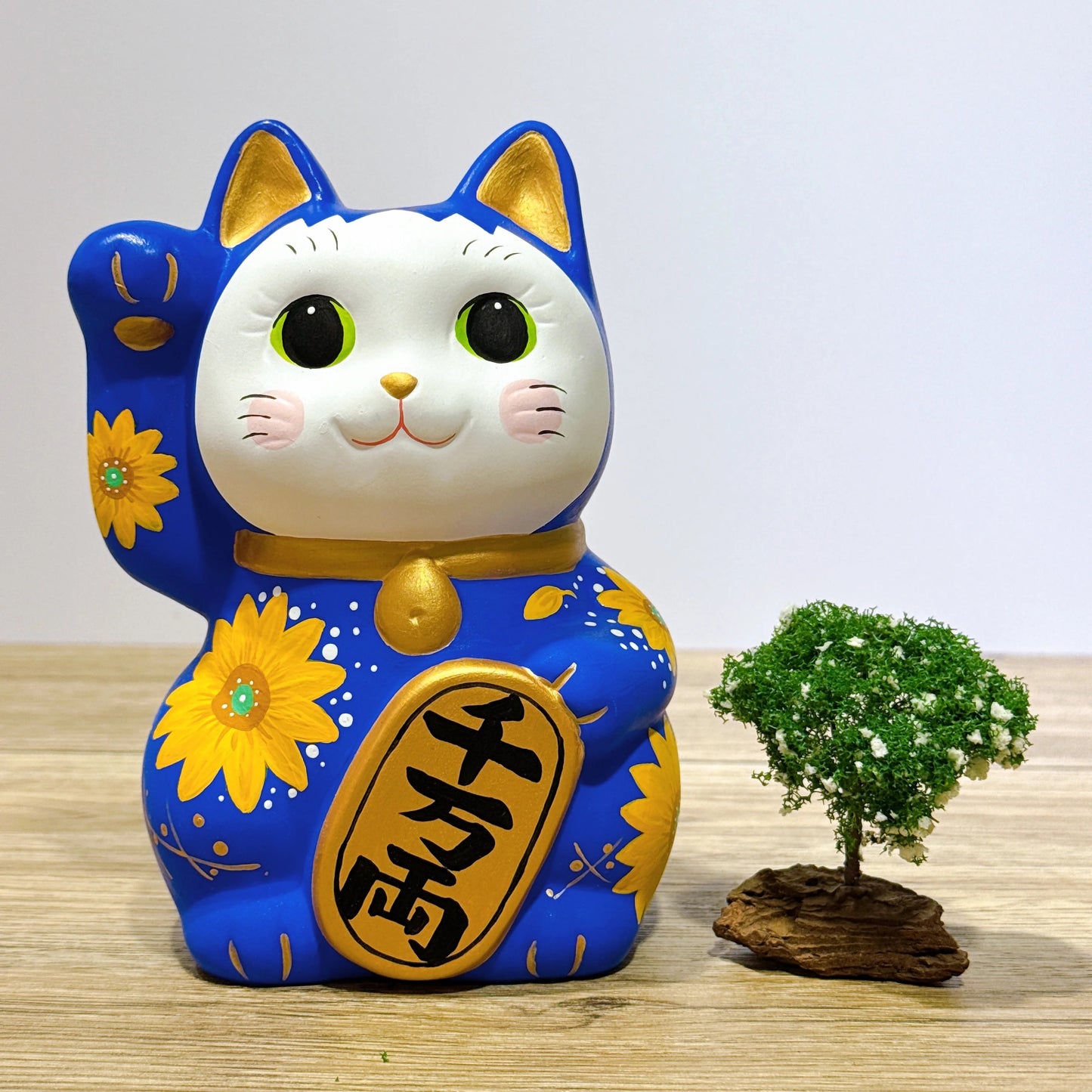 日本谷中堂招財貓 青地 黃花