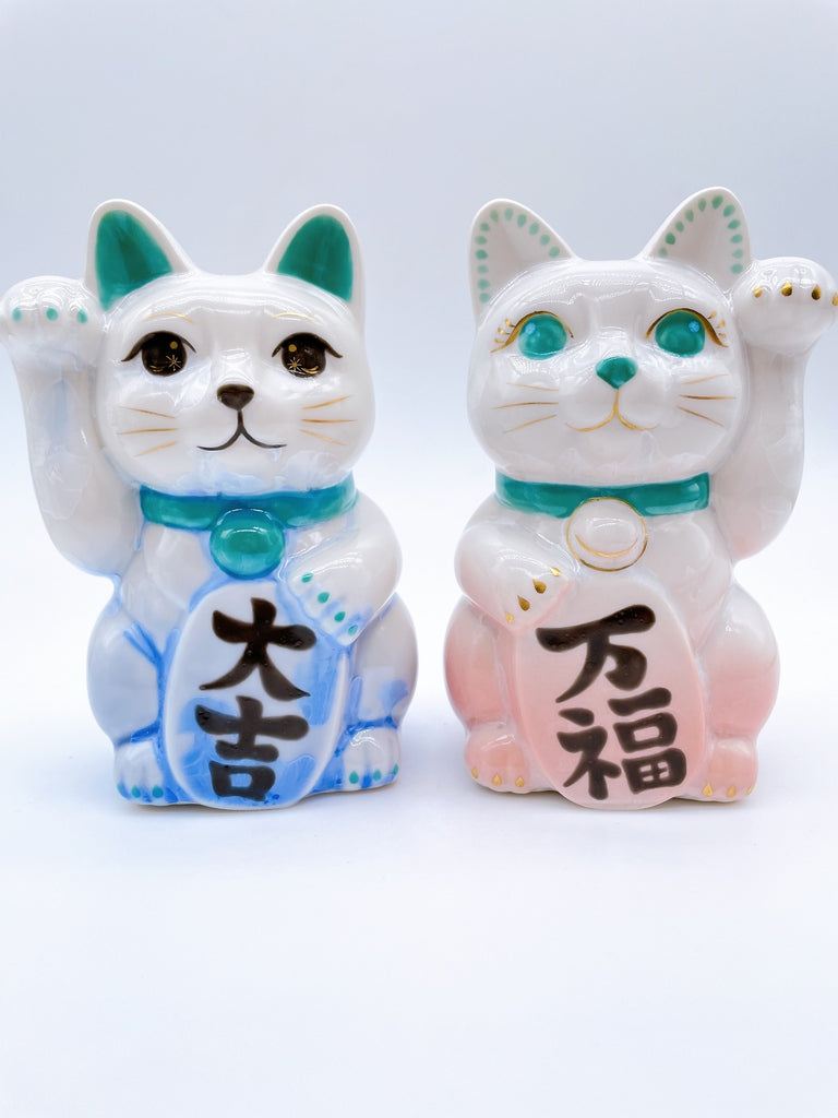日本清水烧招财猫花结晶粉白