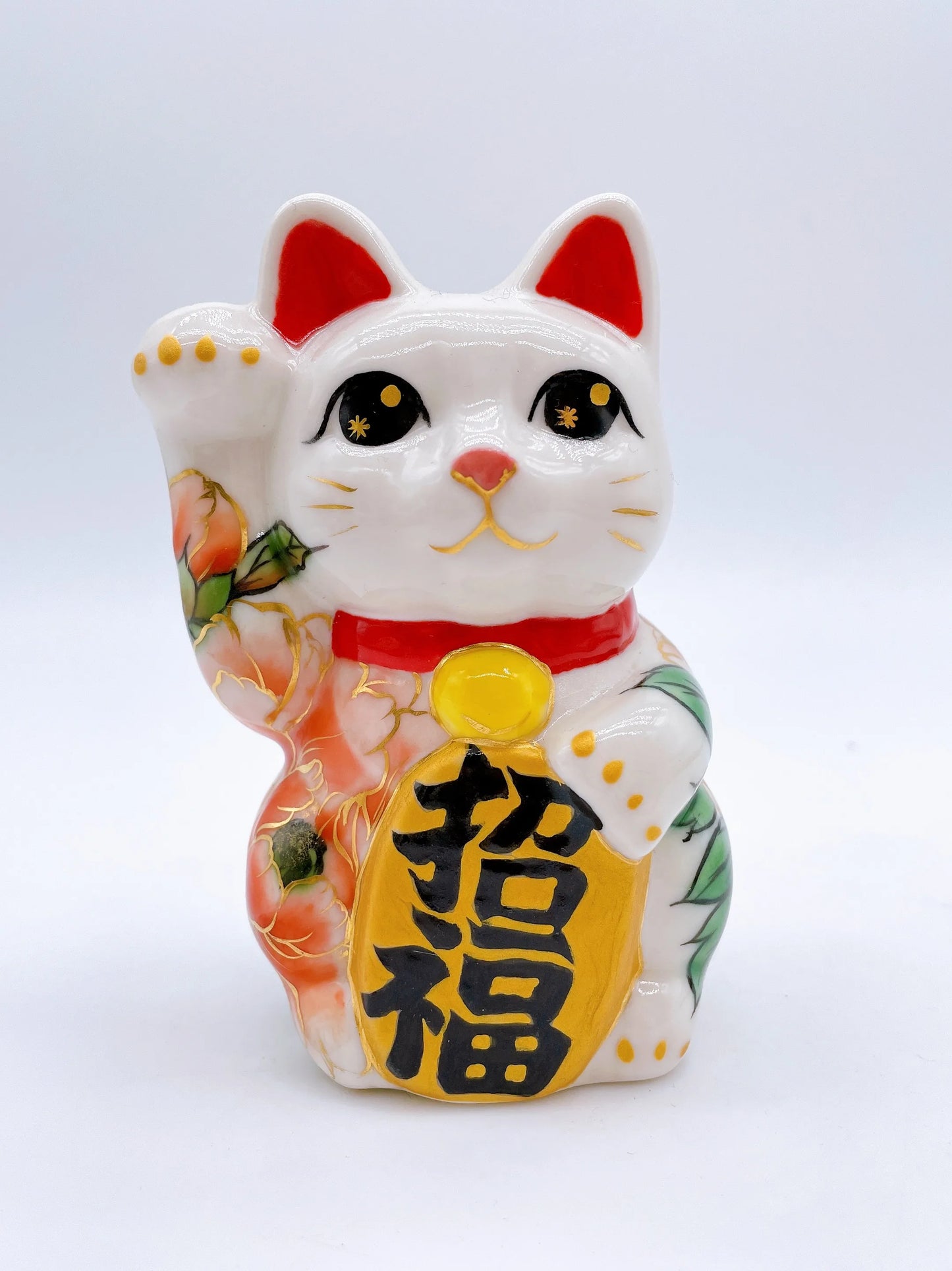 日本清水燒招財貓 色繪 牡丹 特小