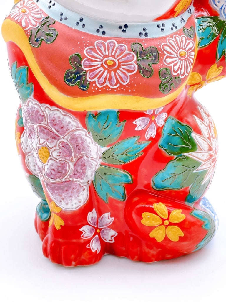 日本九谷燒招財貓 朱赤花盛牡丹
