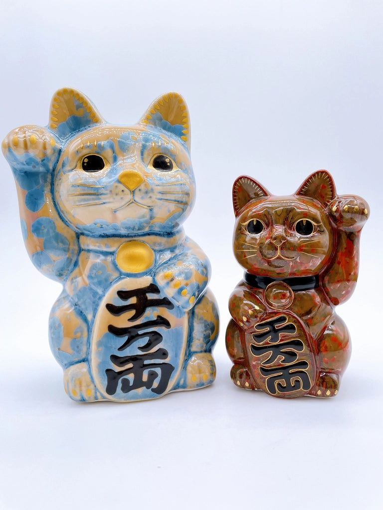 日本清水燒招財貓 花結晶 灰青 特大