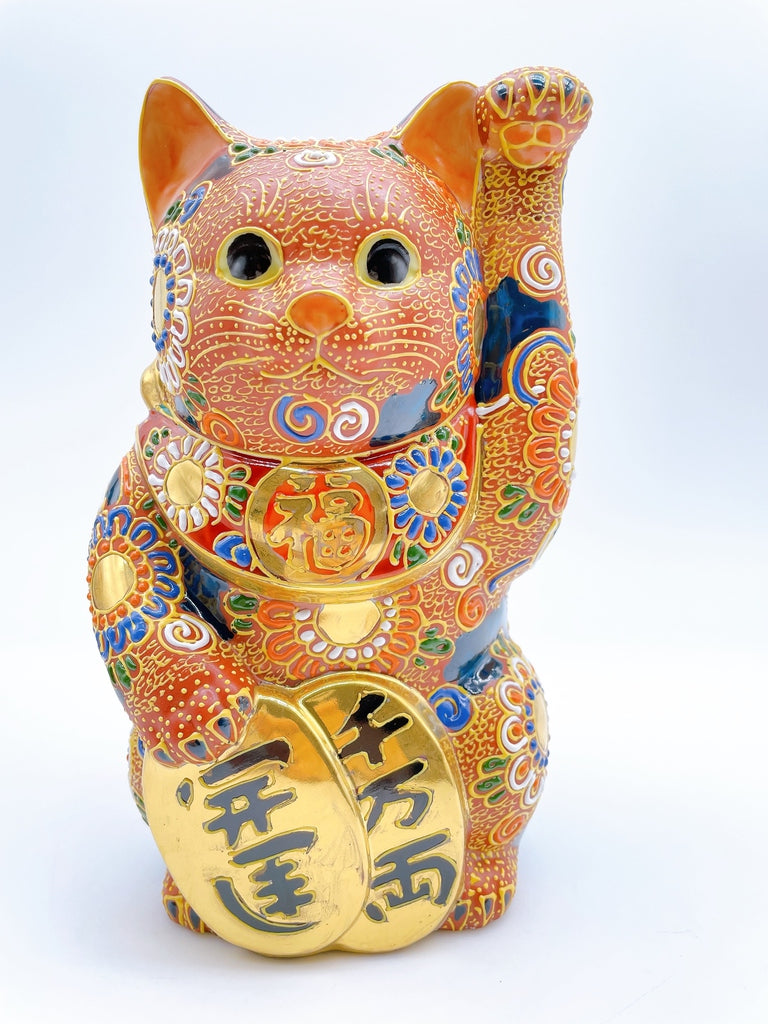 日本九谷烧招财猫金币赤盛