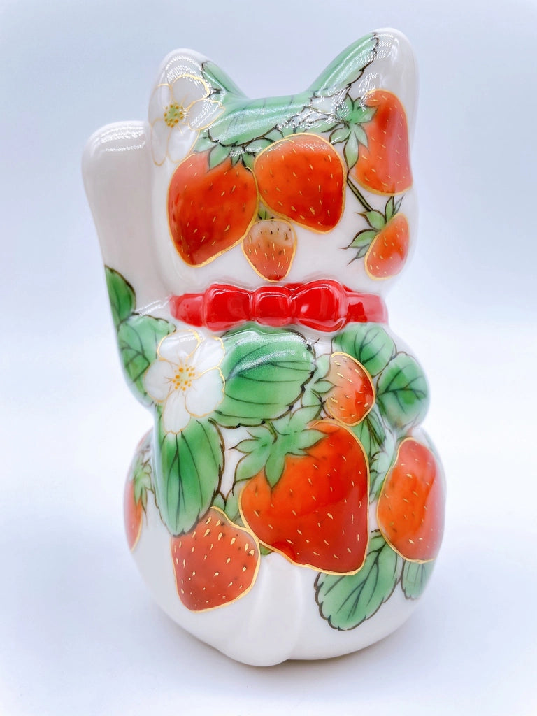 Japanese Shimizu-yaki lucky cat with white strawberry