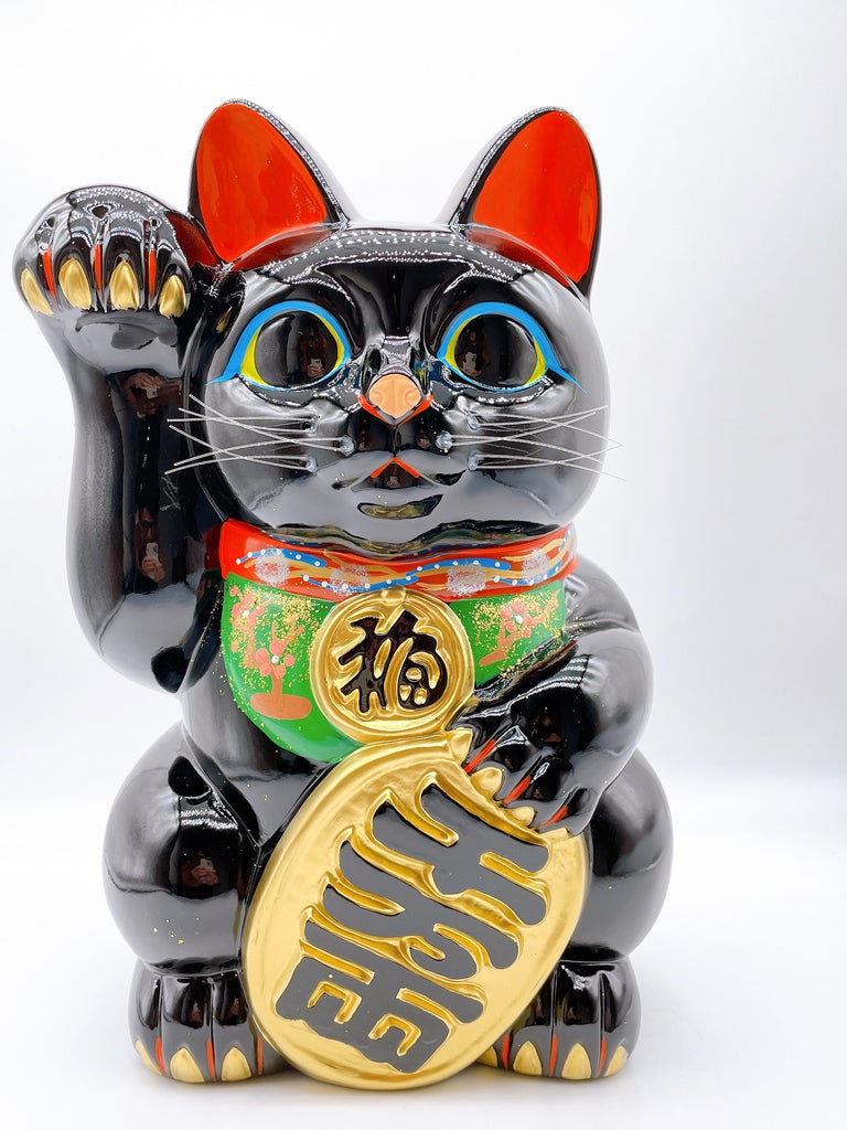 日本常滑小判招財貓 右手 黑色10號