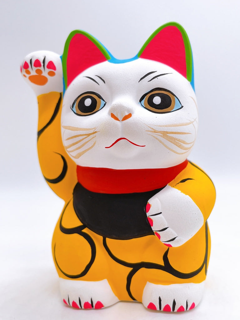 Japanese arabesque yellow lucky cat with a million taels of silver